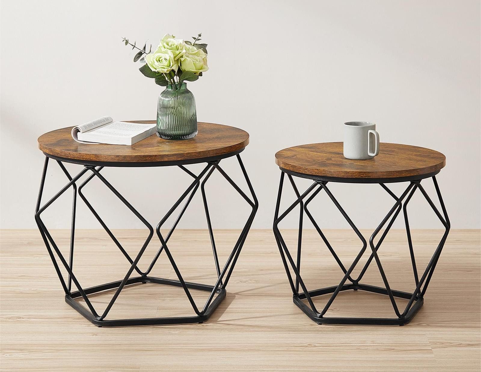 VASAGLE Couchtisch (2er Set), Beistelltisch, abnehmbare Tischplatte, Ø50x40cm+Ø40x36cm