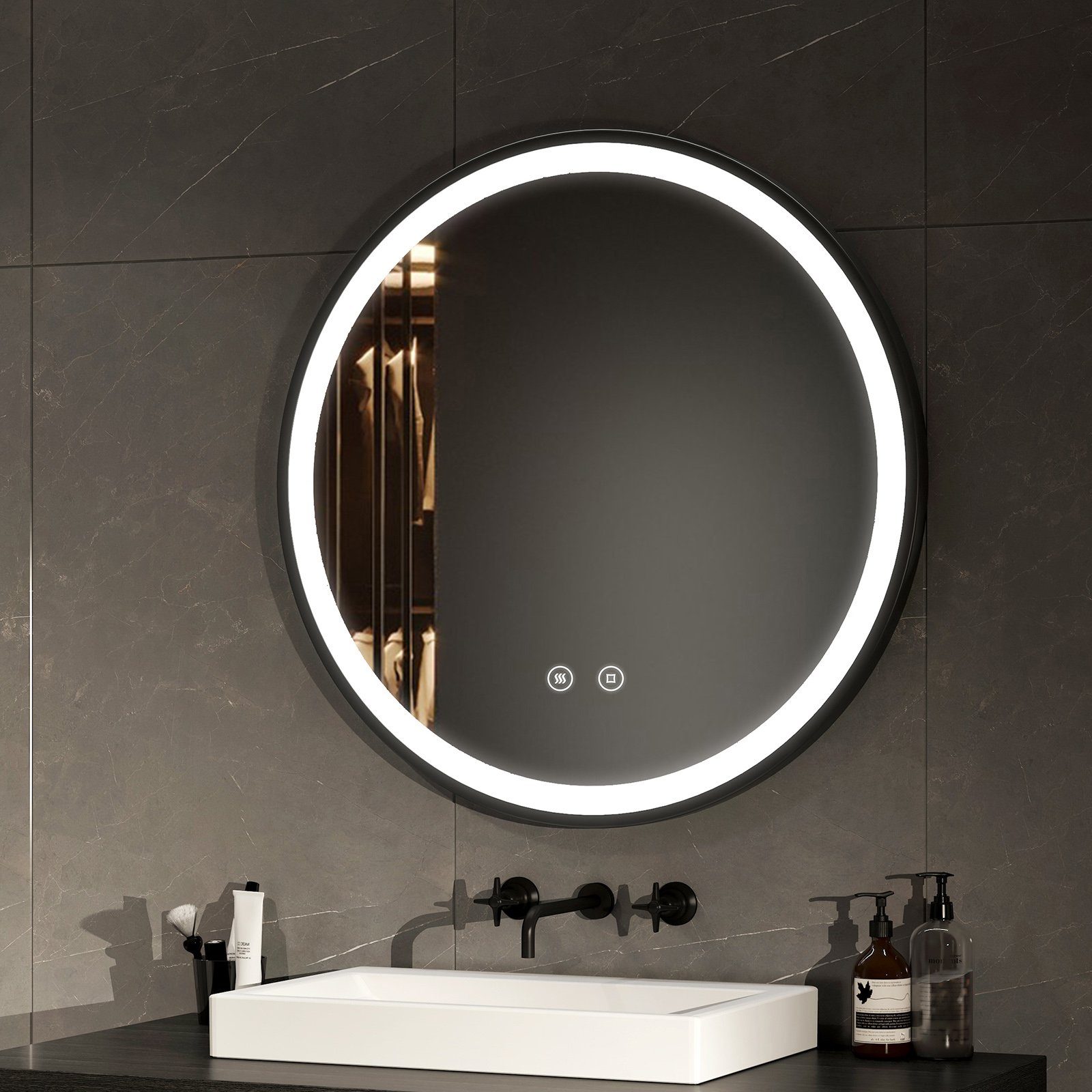 EMKE Badspiegel Rund Antibeschlage Badezimmerspiegel mit schwarzem Rahmen, 6500K, Helligkeit Einstellbar, Memory-Funktion Φ 50-80 cm