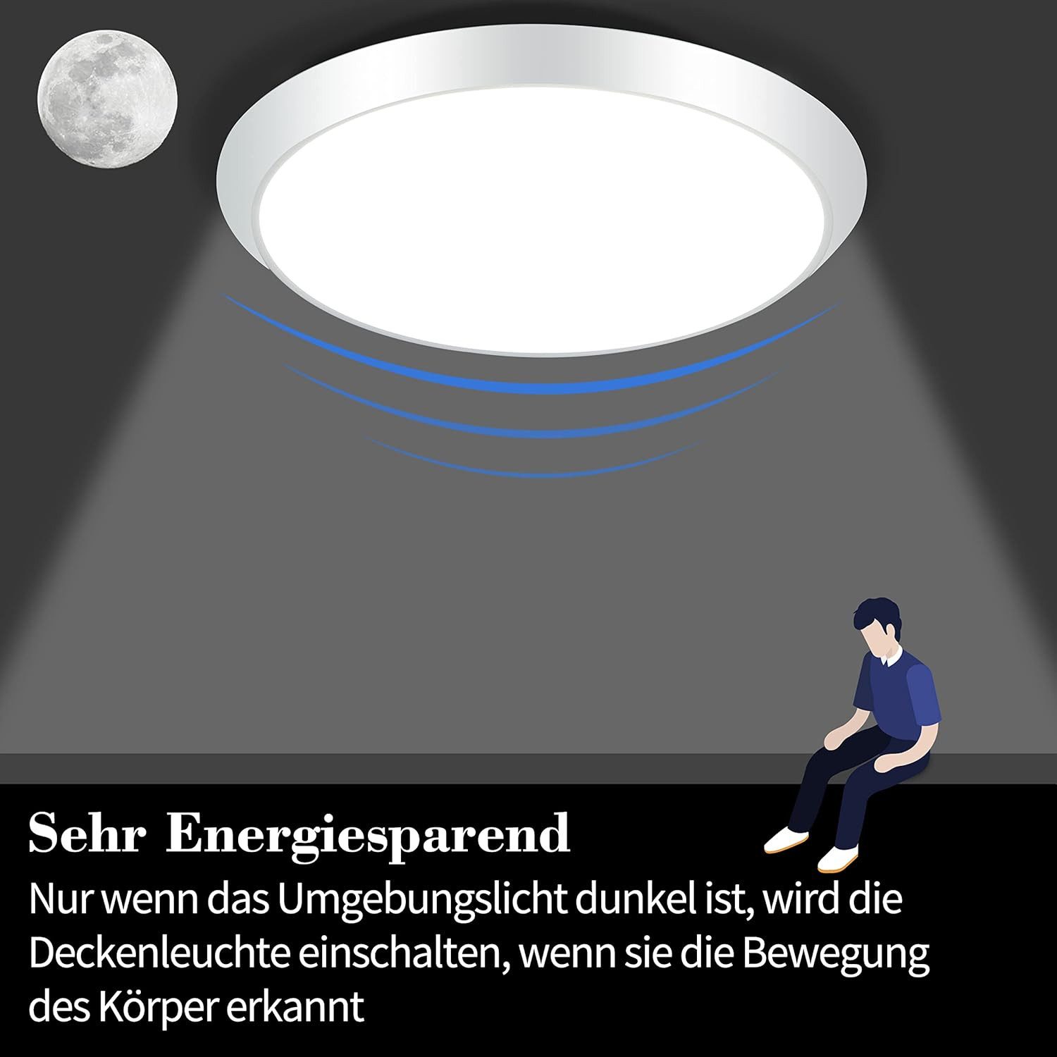 ZMH LED Deckenleuchte mit Bewegungsmelder Deckenlampe Innen 15W 4000K Wohnzimmer Flur, Augenschutaz, LED fest integriert, 4000K, Modern Sensor Ø30CM Deckenbeleu – Bild 4 von 5