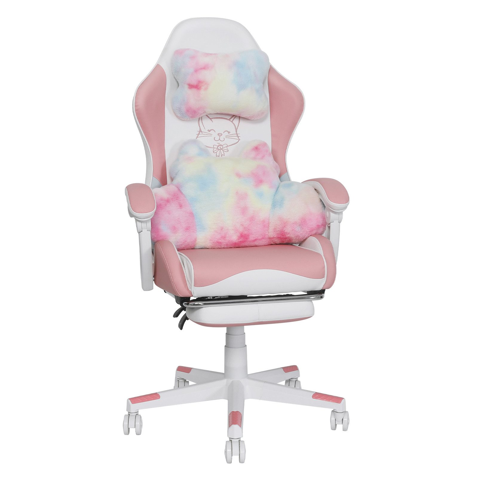 Puluomis Gaming-Stuhl Bürostuhl Ergonomisch mit Katzenpfote Lendenkissen und Katzenohren (Gamer Stuhl, Racing Computerstuhl PC Stuhl mit Fußstütze Kopfstütze), für Mädchen, Teenager, Kinder, Pink