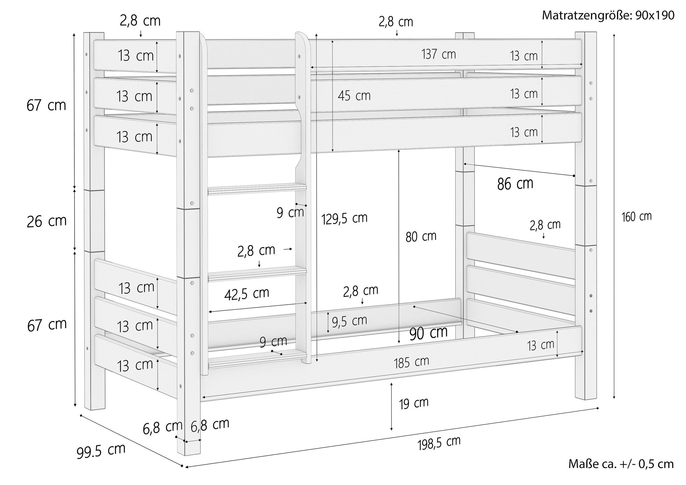 ERST-HOLZ Etagenbett Holzetagenbett weiß in mit und stabil Matratzen Rost teilbar 90x190