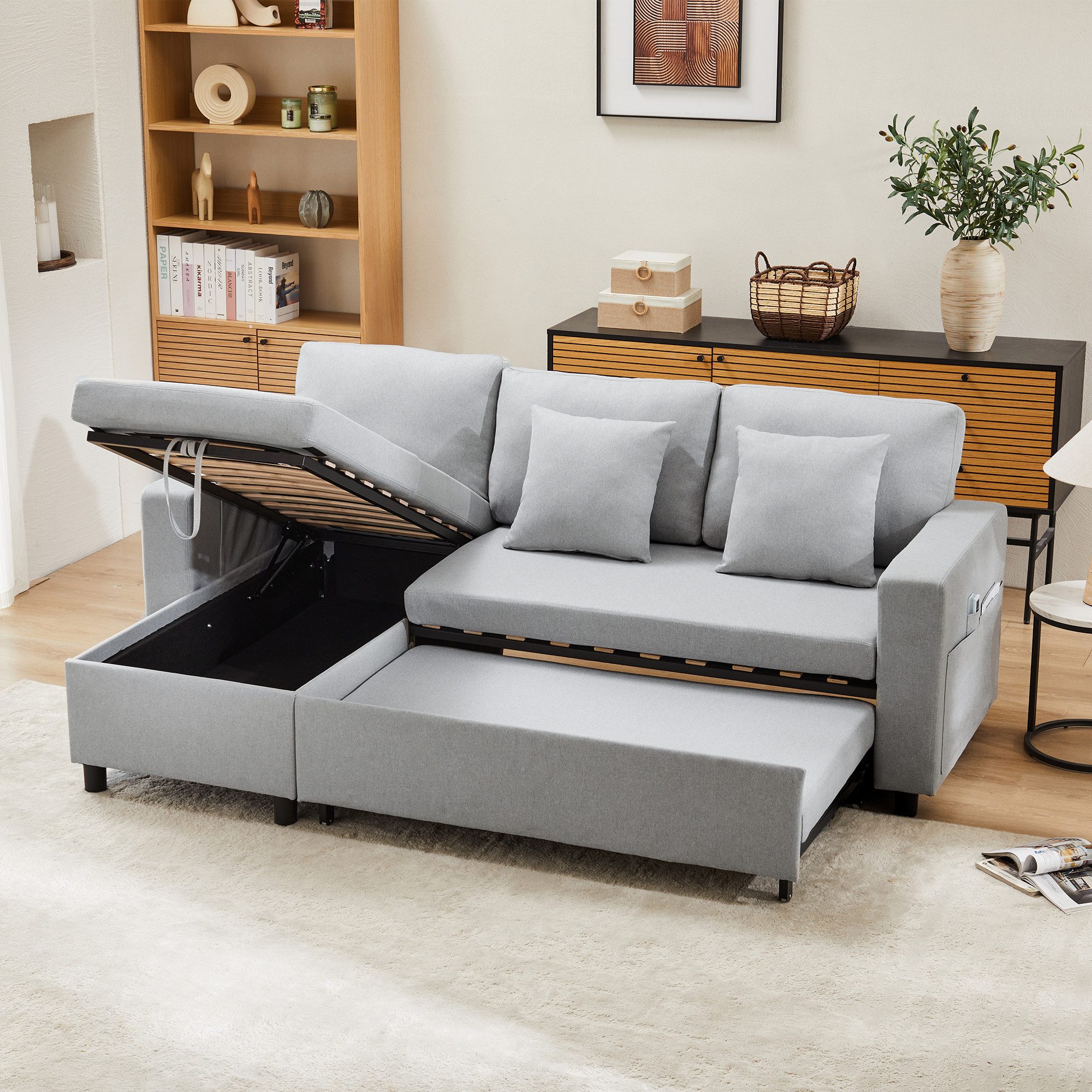 OKWISH Schlafsofa L-förmiges Sofa mit Stauraum, Set, mit Taschenaufbewahrung, links und rechts austauschbare Chaiselongue