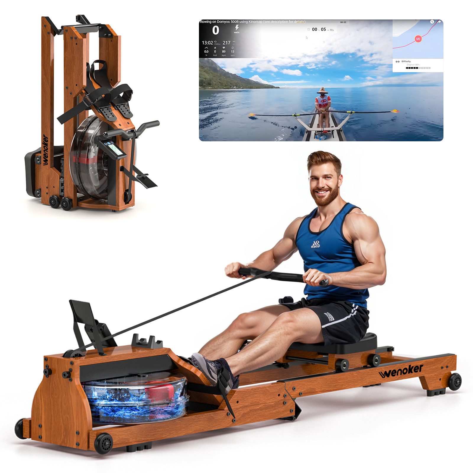 Wenoker Rudergerät hochwertiges Faltbares Wasserrudergerät aus Massivholz für Zuhause (1-tlg), mit Bluetooth-Monitor & Tablet-Halter, bis 150 kg belastbar