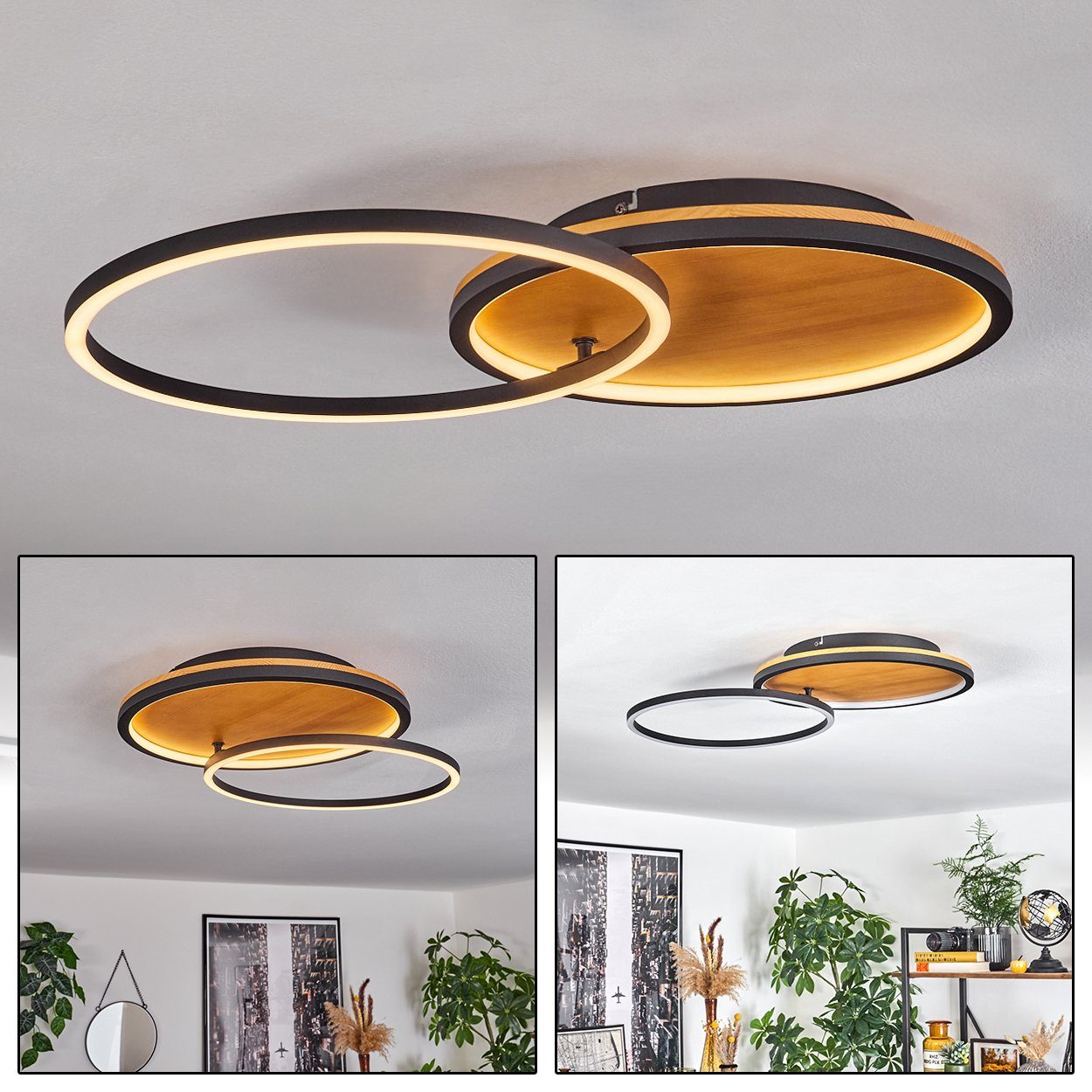 hofstein Deckenleuchte moderne Deckenlampe aus Metall/Holz/Kunststoff in Schwarz/Natur/Weiß, LED fest integriert, 3000 Kelvin, (35 cm u. 36,5 cm), mit verstellbarem Schirm, 23 Watt, 650 Lumen