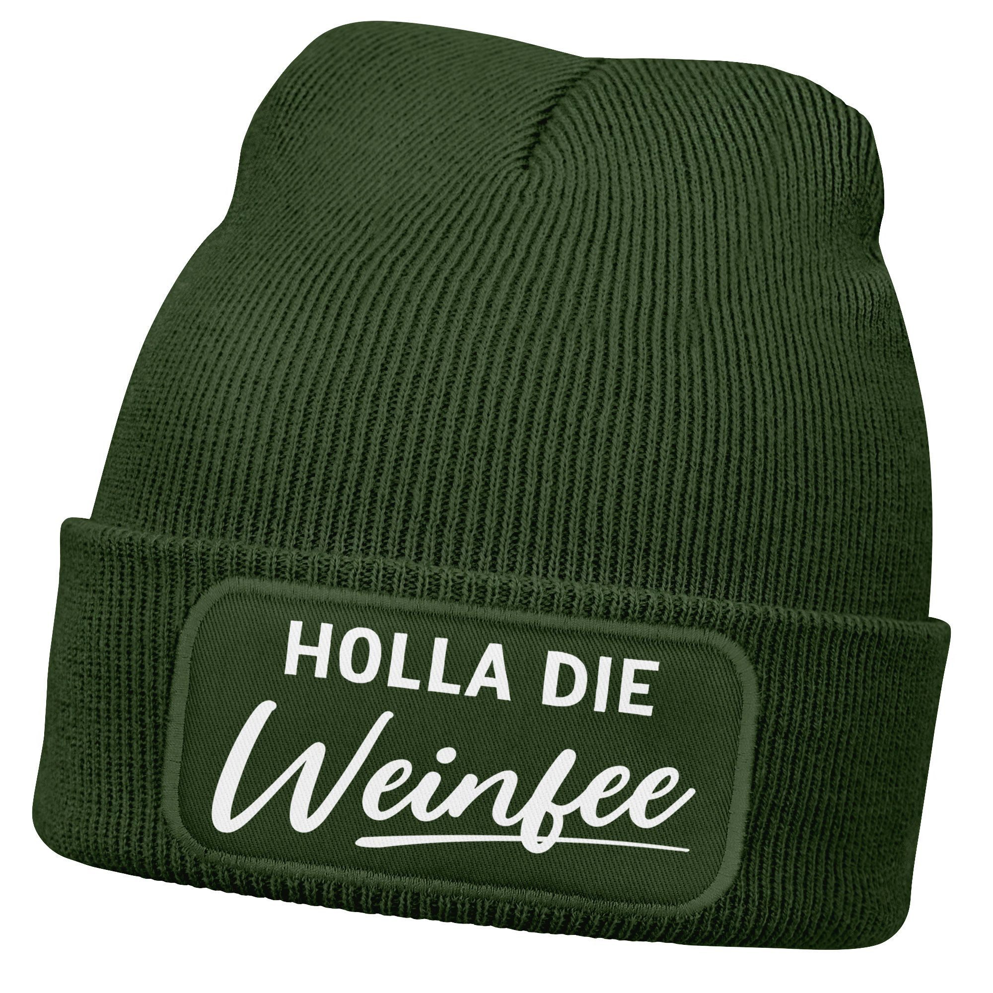 Strickmütze Damen Beanie mit Patch Strickmütze mit Spruch Holla die Weinfee