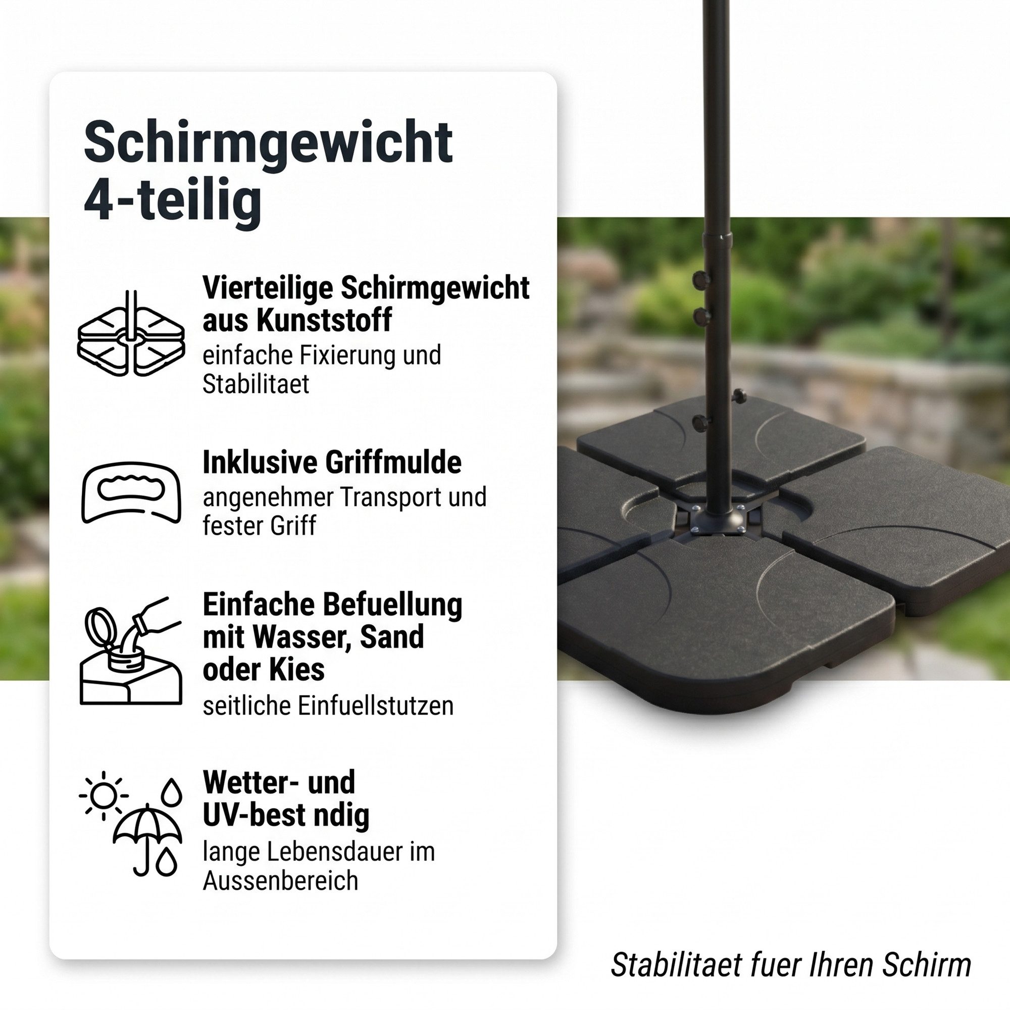 Mucola Schirmständer Schirmständer 60 L / 80 kg 4er Set Ampelschirmständer Outdoor (Stück, 4 St), Griffmulde