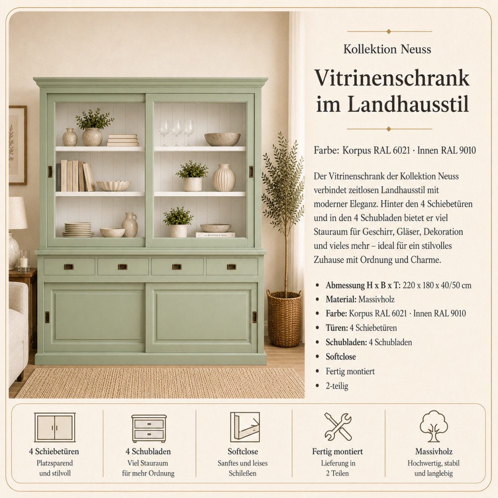 Wohnpalast Vitrine Vitrinen Schrank Neuss 180 cm blassgrün - Vitrine mit Schiebetüren