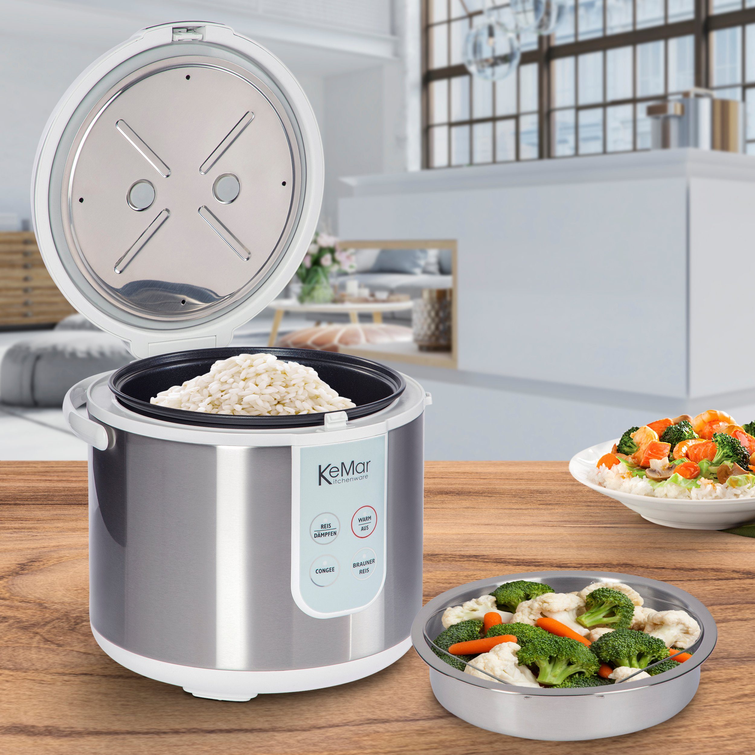 KeMar Kitchenware Reiskocher KRC-130, 700 W, 4 Programme, Innendeckel Edelstahl, Warmhalteprogramm, Softtouch