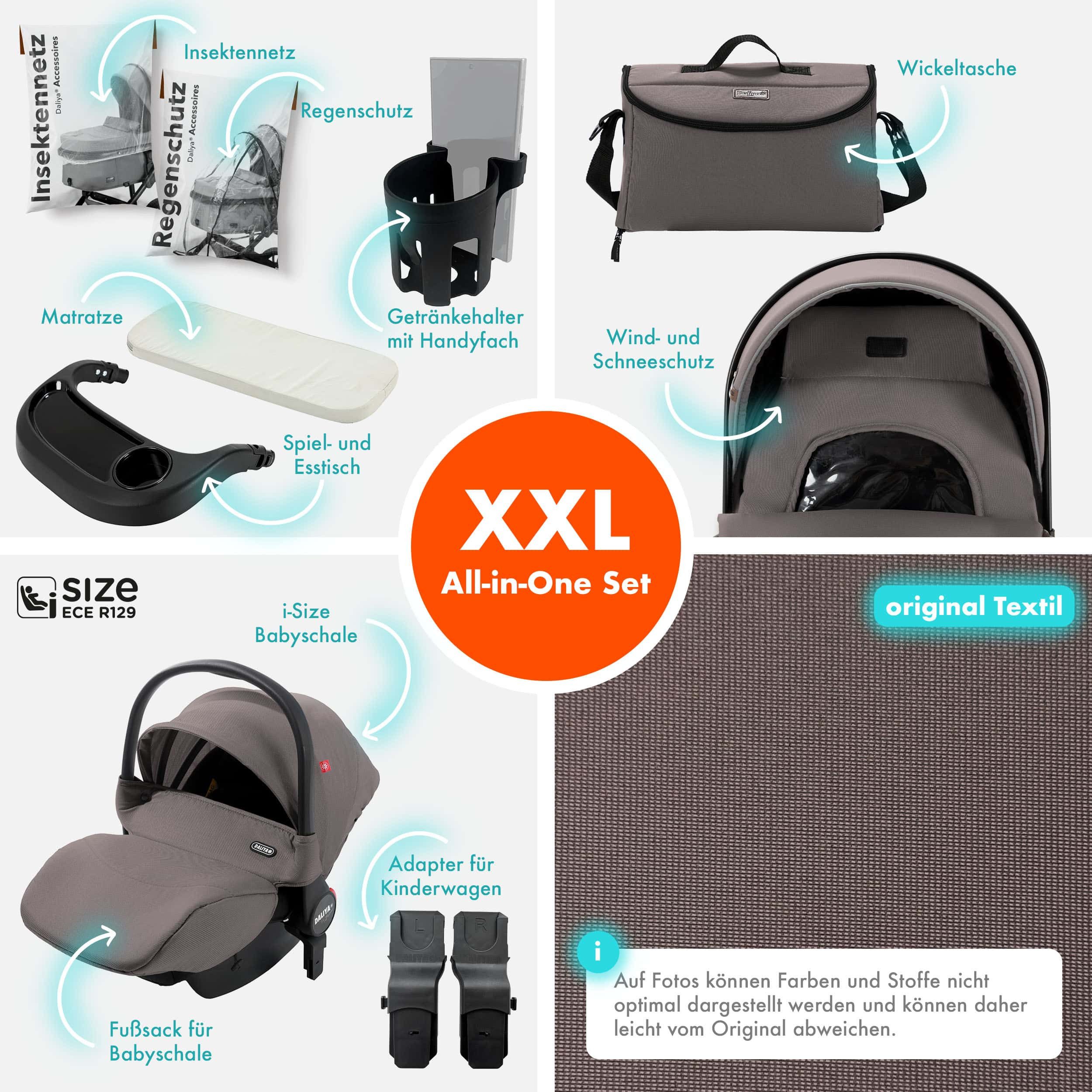 Daliya® Kombi-Kinderwagen FLEXI-PRO M 3in1 Kinderwagen & Buggy, Reisekinderwagen, XXL Set, (XXL-Set mit i-Size Babyschale, 13-tlg), Einhändig abnehmbare Wanne, i-Size Babyschale, Alu-Rahmen, Gummireifen