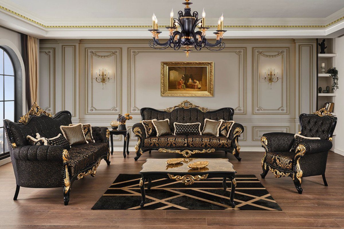 Casa Padrino Couchtisch Luxus Barock Set Braun / Schwarz / Gold - 2 Sofas & 2 Sessel & 1 Couchtisch & 2 Beistelltische - Möbel im Barockstil - Edel & Prunkvoll
