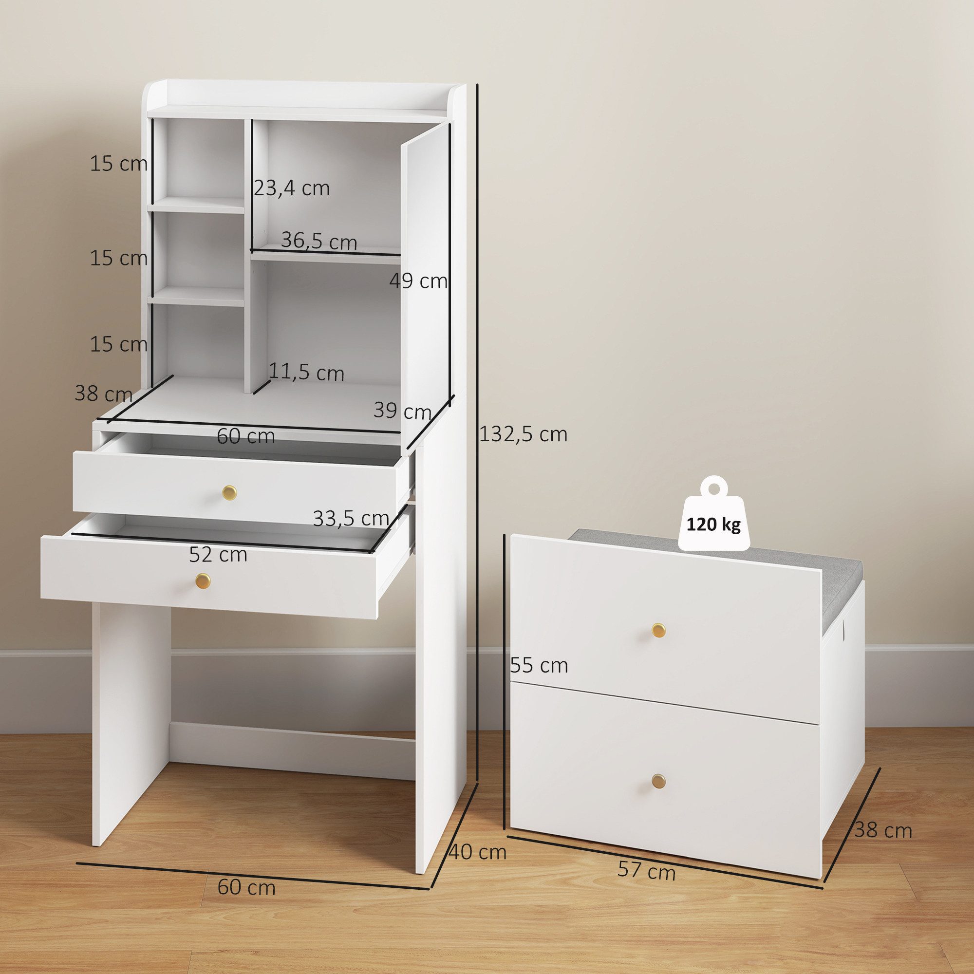 HOMCOM Schminktisch Frisiertisch mit Schrank, Schubladen (Set, 1-St., Schminktisch-Set), Hocker mit Stauraum und Rollen, kompakt, viel Stauraum