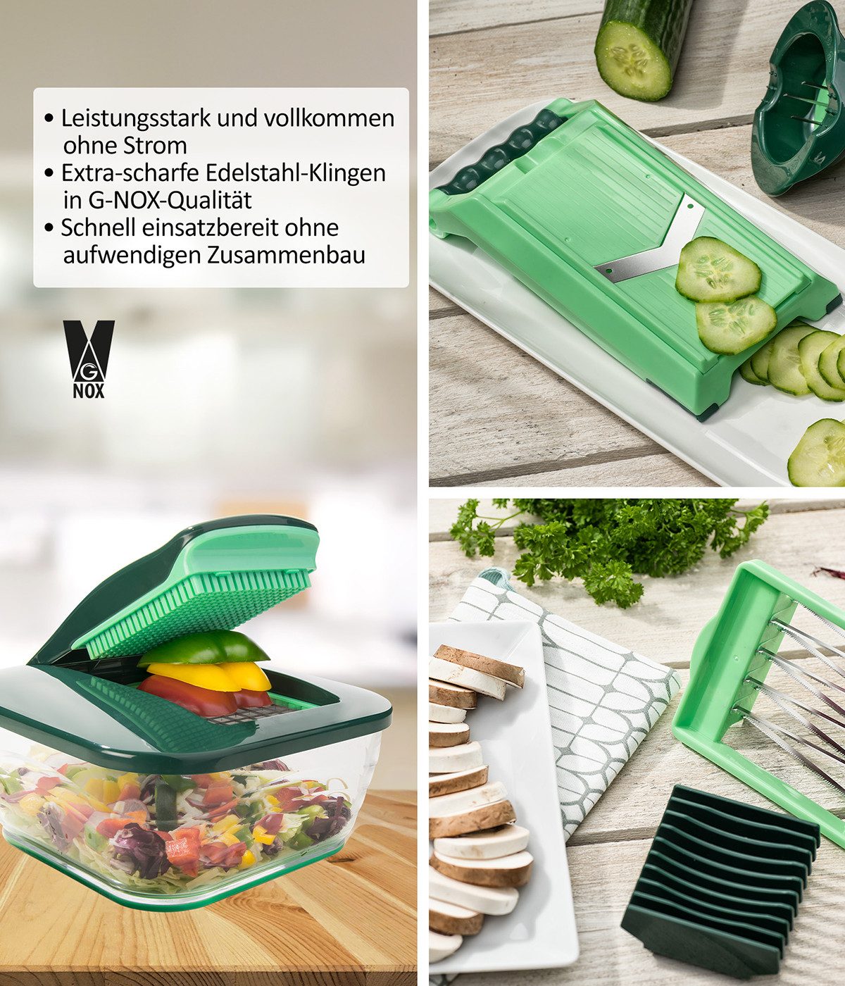 Genius Gemüseschneider Nicer Dicer Chef 34 Teile, Glasschüssel 2.8l, 13 Einsätzen, Würfel, Stifte, Streifen, Scheiben