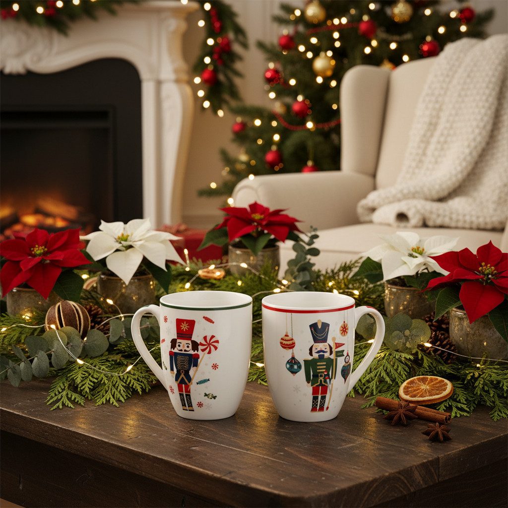 Kaemingk Weihnachtsmann Weihnachtliche Keramiktasse mit Nussknacker und, 2 Stück