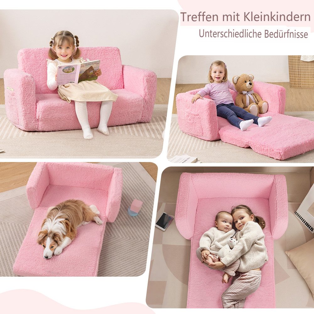 CAVEEN Kindersofa extra breiter 2 Sitzer Kinder Schlafsofa 2-in-1 Spielsofa Liegefläche, mit Seitentaschen und abnehmbarem Bezug für Kinderzimmer & Spielzimmer