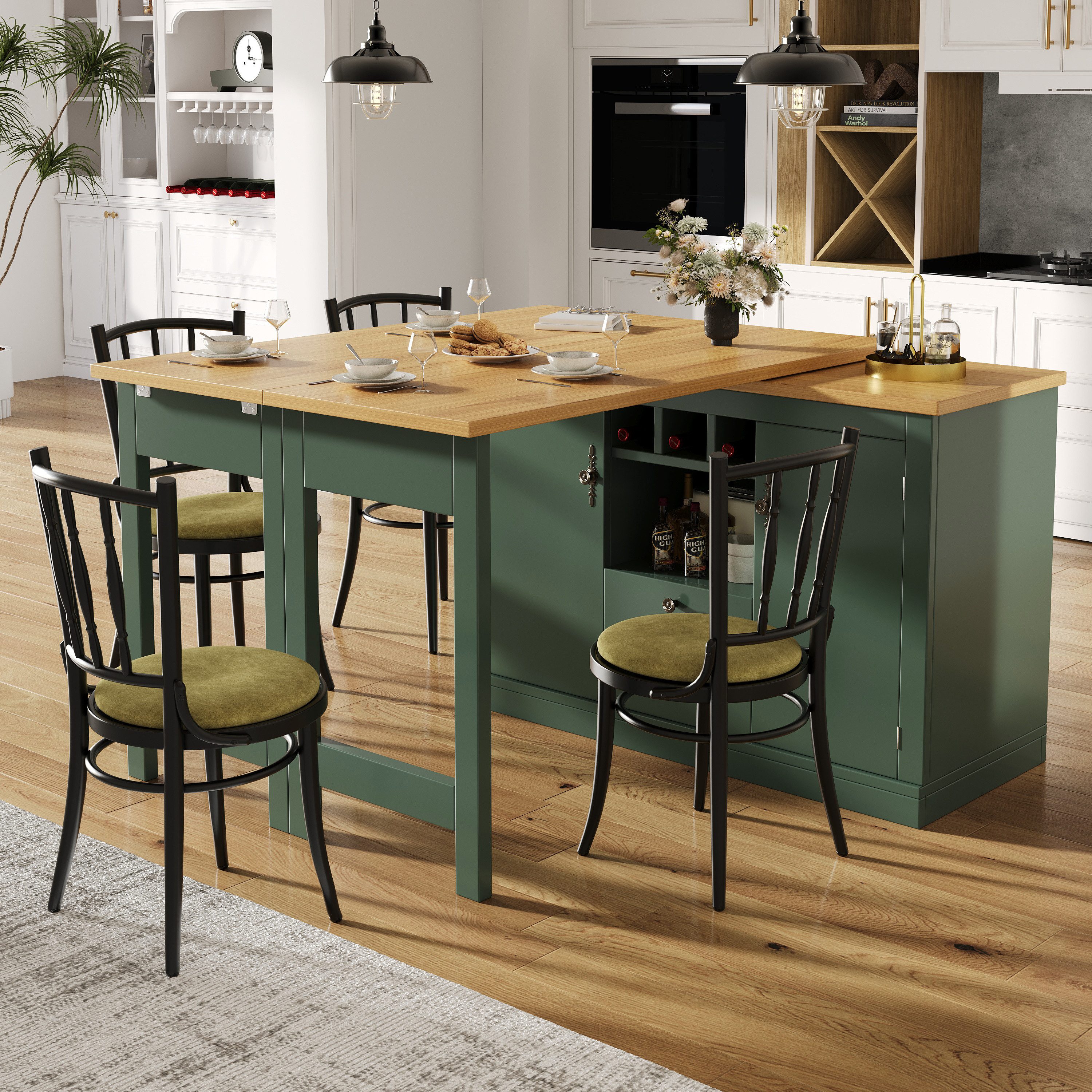 Celya Kücheninsel Bartisch mit 360° Drehfunktion und Stauraum, (Ausziehbar von 120-180 cm, mit verstellbaren Fächern und Weinregal)