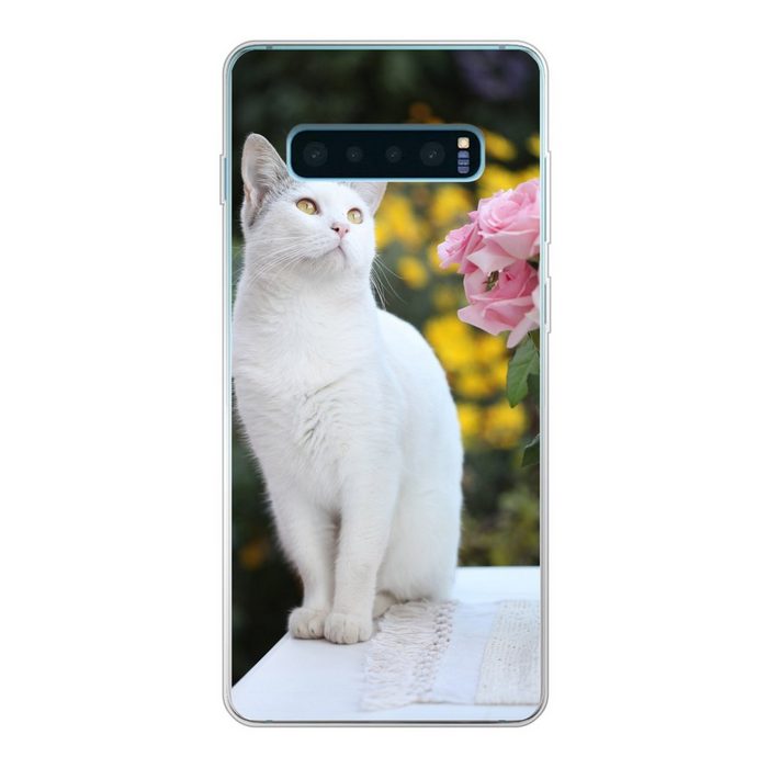 MuchoWow Handyhülle Katze - Rosen - Blumenstrauß Phone Case Handyhülle Samsung Galaxy S10+ Silikon Schutzhülle