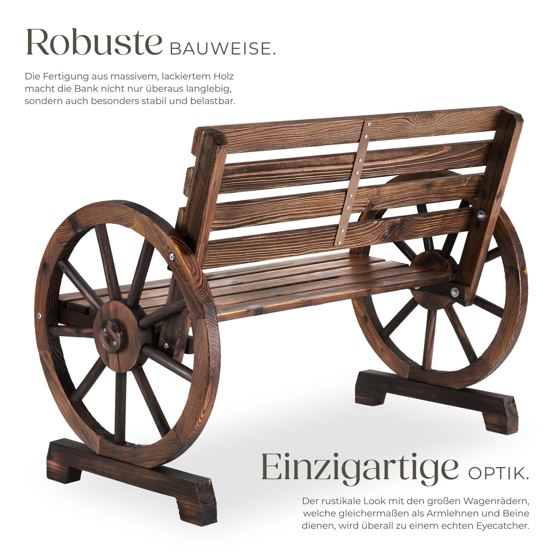 tectake Gartenbank Wetterfeste 2-Sitzer Bank im rustikalen Wagenraddesign (Sitzbank Howdy, in braun), belastbares Gestell aus geflammtem Massivholz – Bild 3 von 5