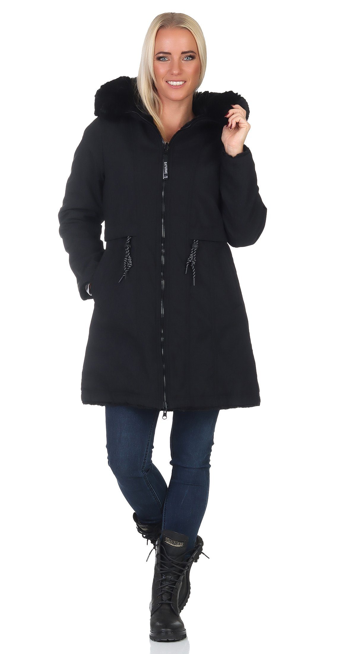 Aurela Damenmode Parka Winterjacke für Damen warme Outdoor Jacke mit Kapuze, Zugband, gefüttert, auch in großen Größen erhältlich