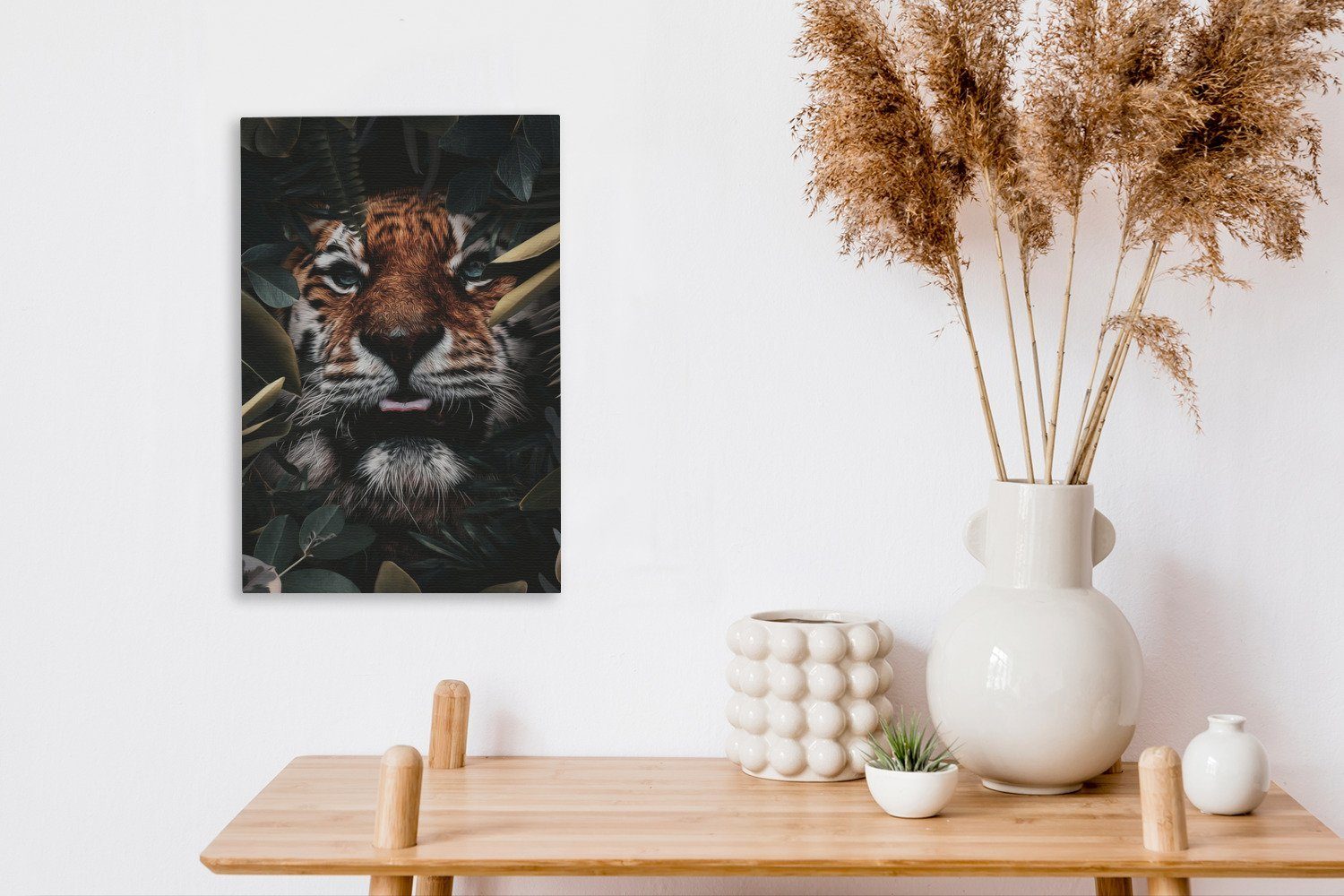 Zackenaufhänger, - OneMillionCanvasses® inkl. Leinwandbild - Tiger 20x30 fertig cm St), (1 Leinwandbild Nahaufnahme Gemälde, Pflanzen, bespannt