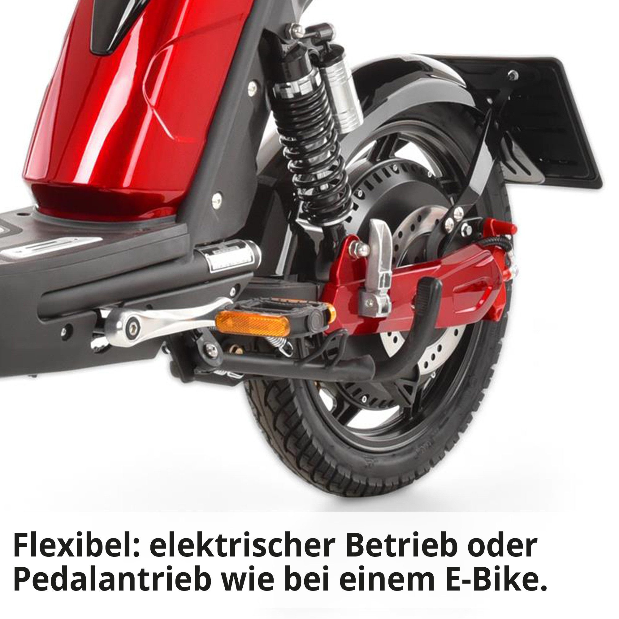 Hecht E-Mofaroller BETIS RED 48V Akku entnehmbar 40 km Reichweite Scheibenbremsen, 900 W, 45 km/h, Pedalantrieb, Gasdruckfederung, Funkschlüssel, Staufach – Bild 4 von 5