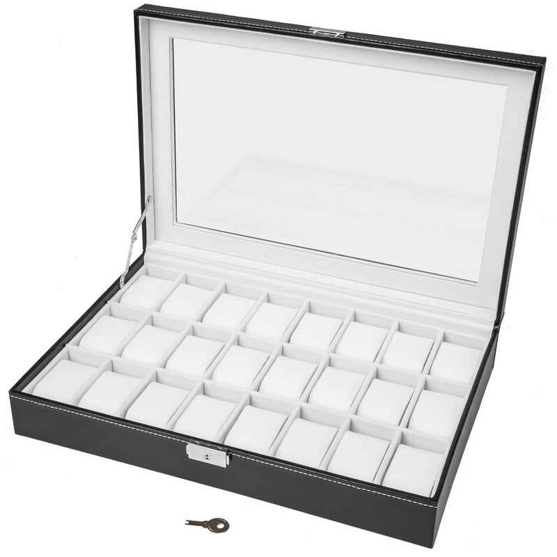 tectake Uhrenbox »Uhrenbox mit 24 Fächern inkl. Schlüssel«, abschließbar, Schnappschloss, Polsterspangen, Sichtfenster