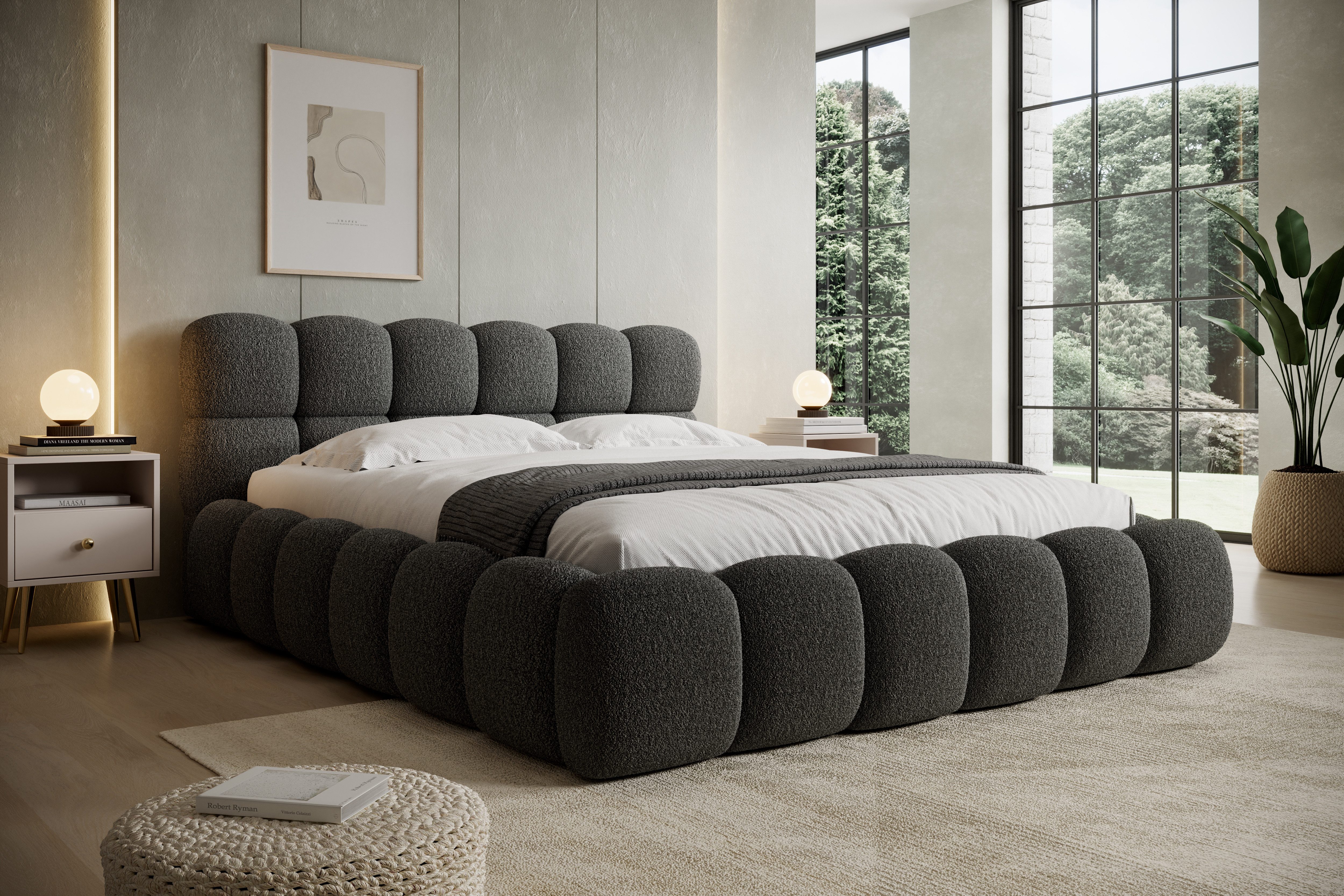 thematys Polsterbett mit Bettkasten 140x200–200x200 cm – Velours oder Bouclé Bezug – (Polsterbett in den Varianten Bouclé (Fredo), Velours (Velutto) - Wolkenbett mit XXL Kopfteil), Wolkenbett mit XXL Kopfteil)