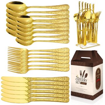 KEENZO Besteck-Set 24 teilig Edelstahl Gold Essbesteck Set florale Muster Griff (24-tlg), 6 Personen, Edelstahl