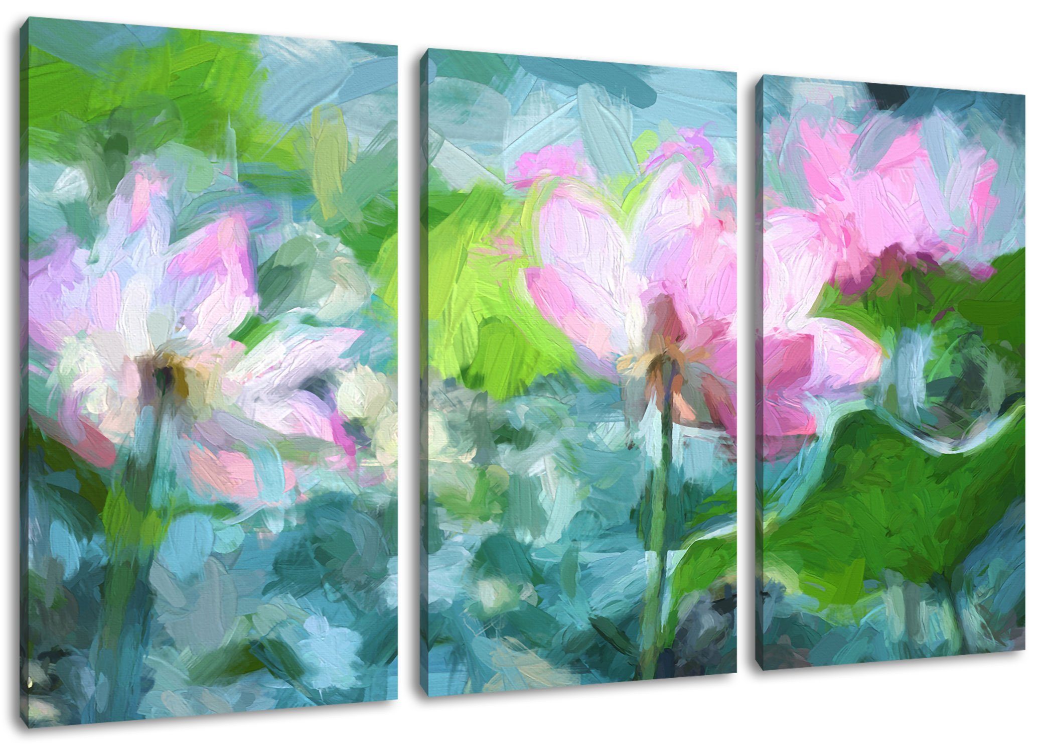 Pixxprint Leinwandbild Asiatische Lotusblüte im Teich, Asiatische Lotusblüte im Teich 3Teiler (120x80cm) (1 St), Leinwandbild fertig bespannt, inkl. Zackenaufhänger