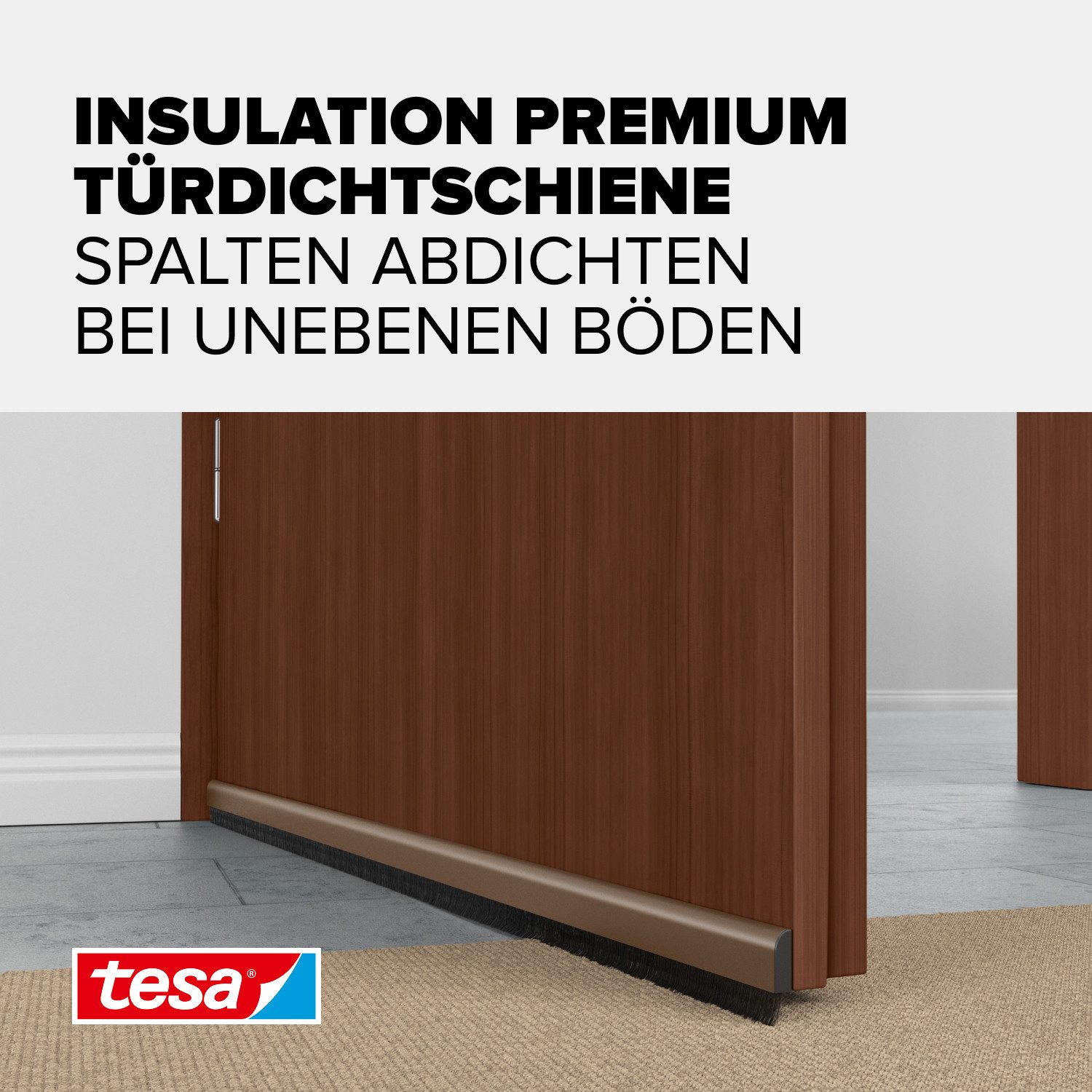 tesa Türbodendichtung INSULATION Premium Türdichtschiene für unebene Böden, L: 100 cm, (Packung, 1-St., Türdichtung Braun - mit Bürstendichtung bis 15 mm), selbstklebende Alu-Türdichtung zum Schutz vor Zugluft