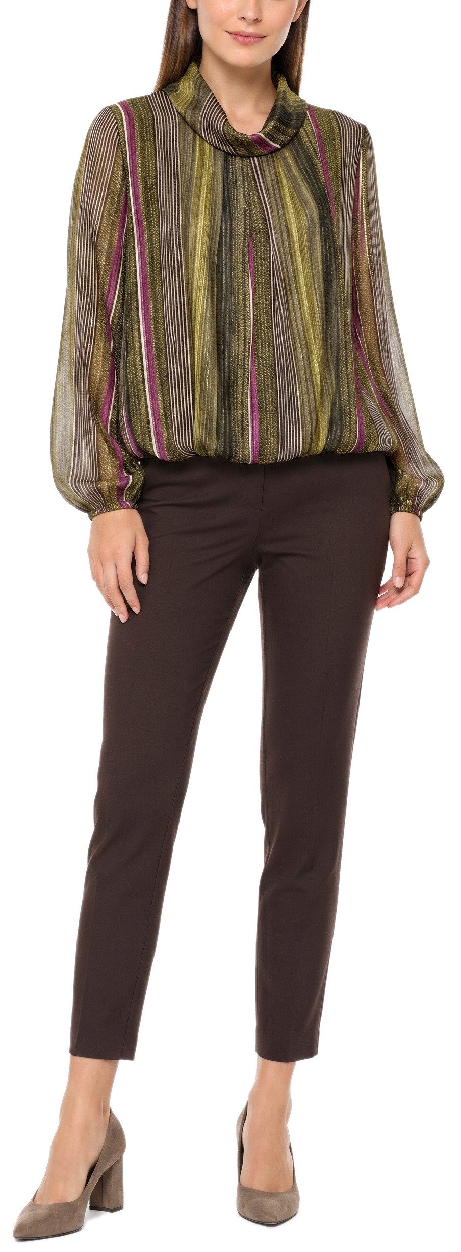 dy_mode Chiffonbluse Damen Bluse Chiffon Langarmbluse mit Glanzfäden Schlupfbluse Leichte Übergangsqualität, vertikalen Streifen-Design
