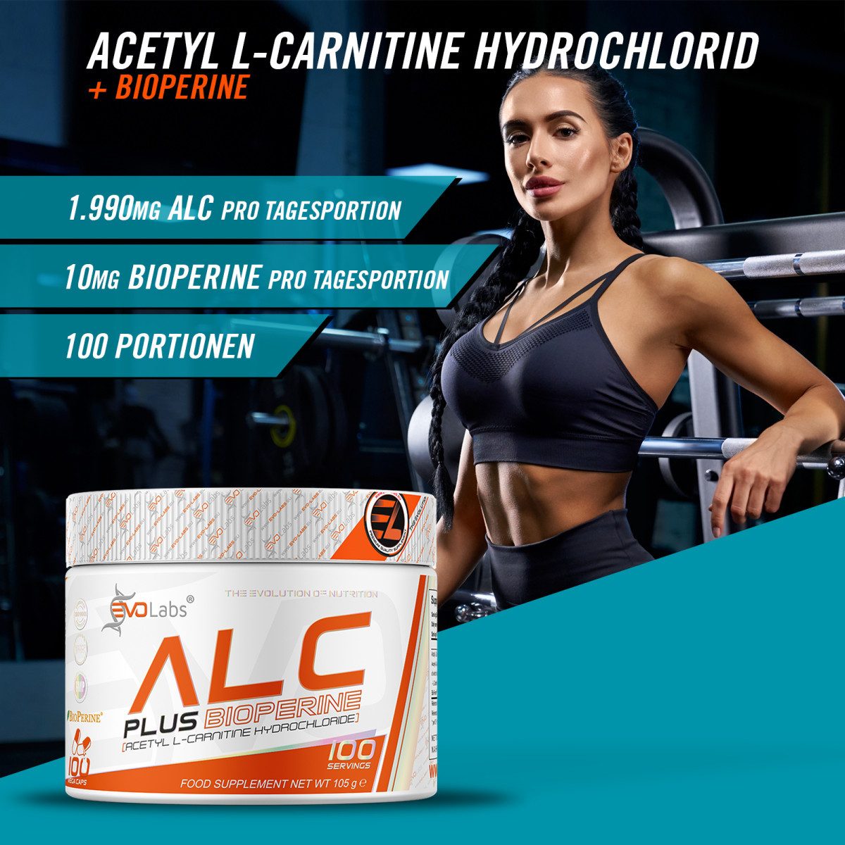 EVO Labs GmbH L-Carnitin L-Carnitine EVOLabs ALC+ 100caps Kapseln, 1 er Kein Set, Einzeldose à 1 St., 106 g, Hohe Bioverfügbarkeit Mit BioPerine®