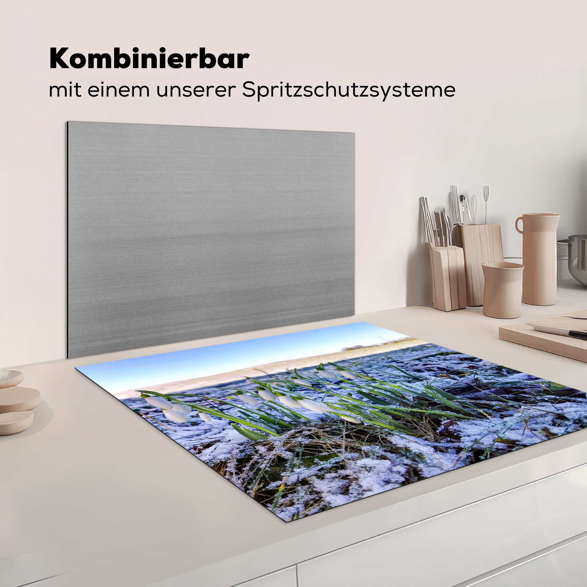 MuchoWow Schneeglöckchen Arbeitsplatte Herdblende-/Abdeckplatte cm, Ceranfeldabdeckung, küche Eine 78x78 Vinyl, (1 wilder Winterfeld, in tlg), Gruppe für einem