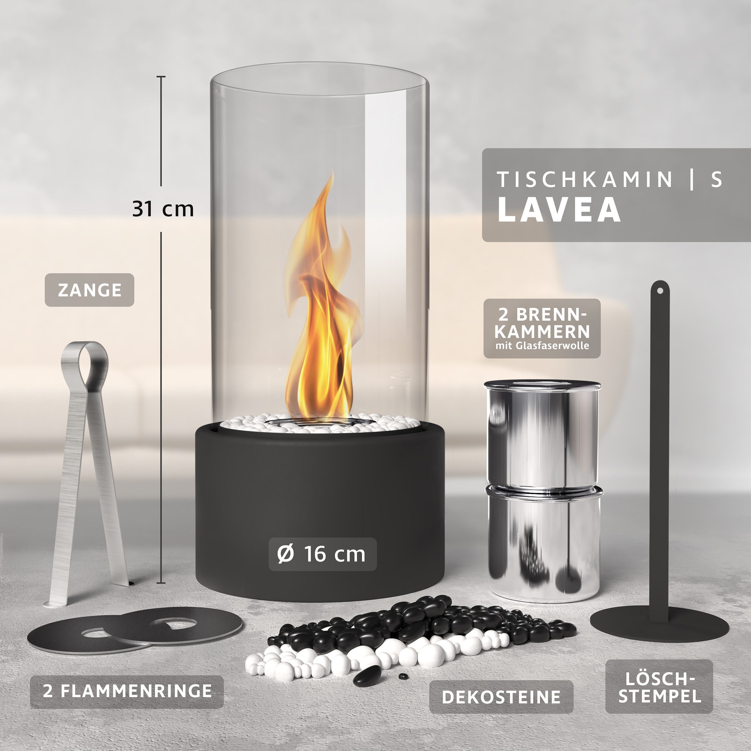 Monster24 Tischfeuer Bio-Ethanol Tischkamin für Indoor & Outdoor, Echtfeuer-Dekokamin (Höhe 31 cm / Durchmesser 16 cm)