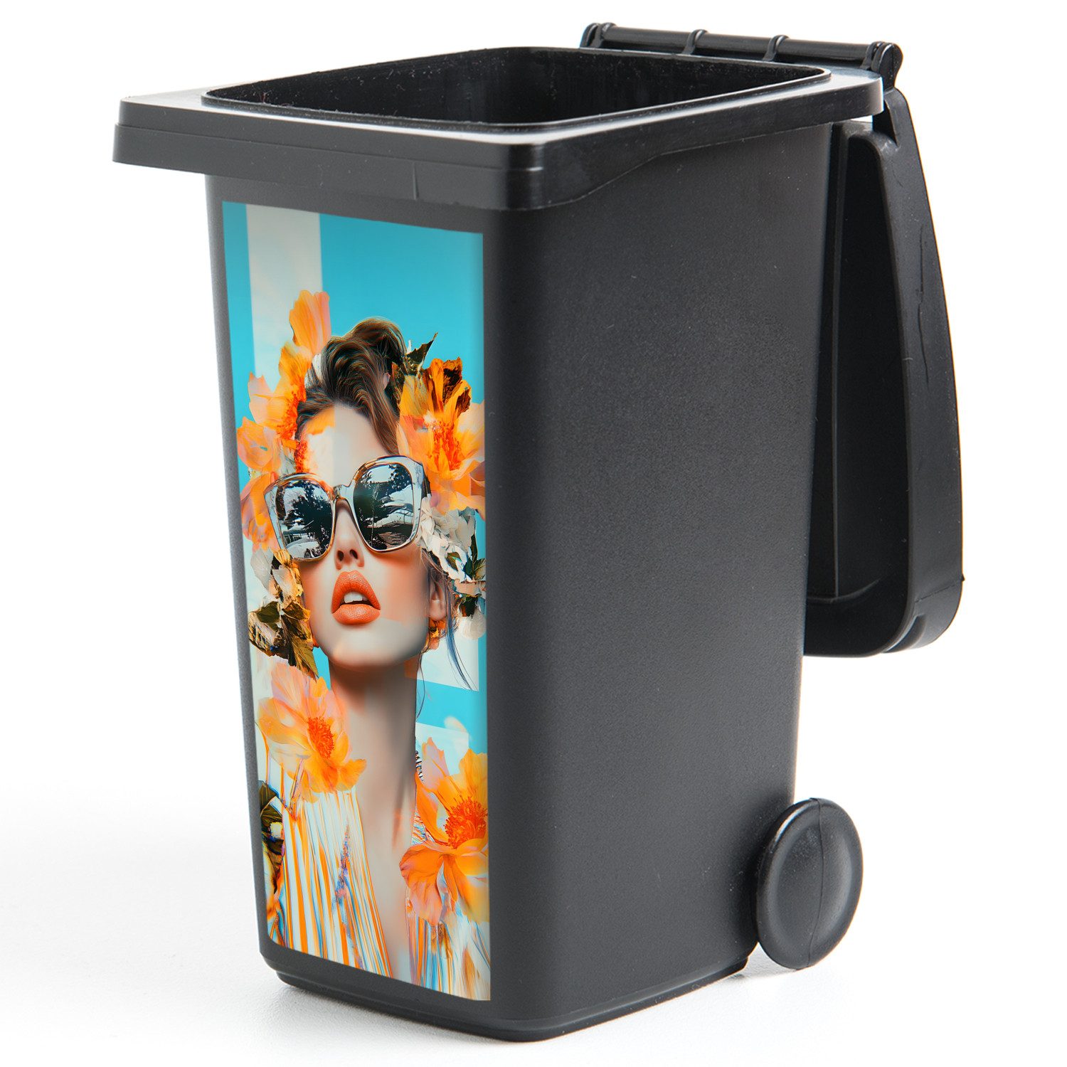 MuchoWow Wandsticker Blumen - Frau - Sonnenbrille - Blau (1 St), Mülltonnen-Aufkleber, Mülleimer, Mülltonne, Sticker, 38x80 cm