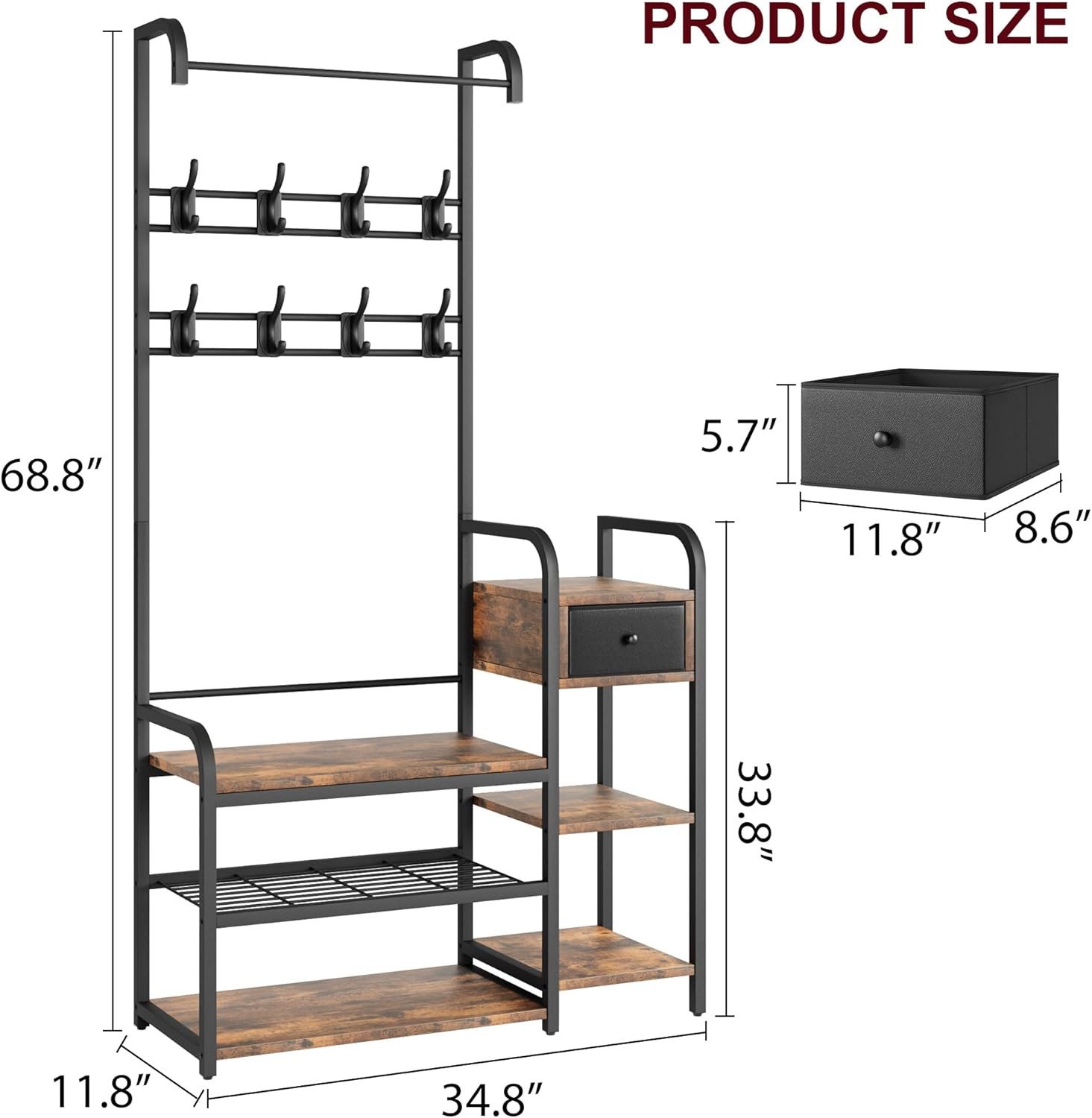 GarveeMore Garderobenständer mit Schuhbank und Schublade,8 Haken, 175cm Der günstig online kaufen