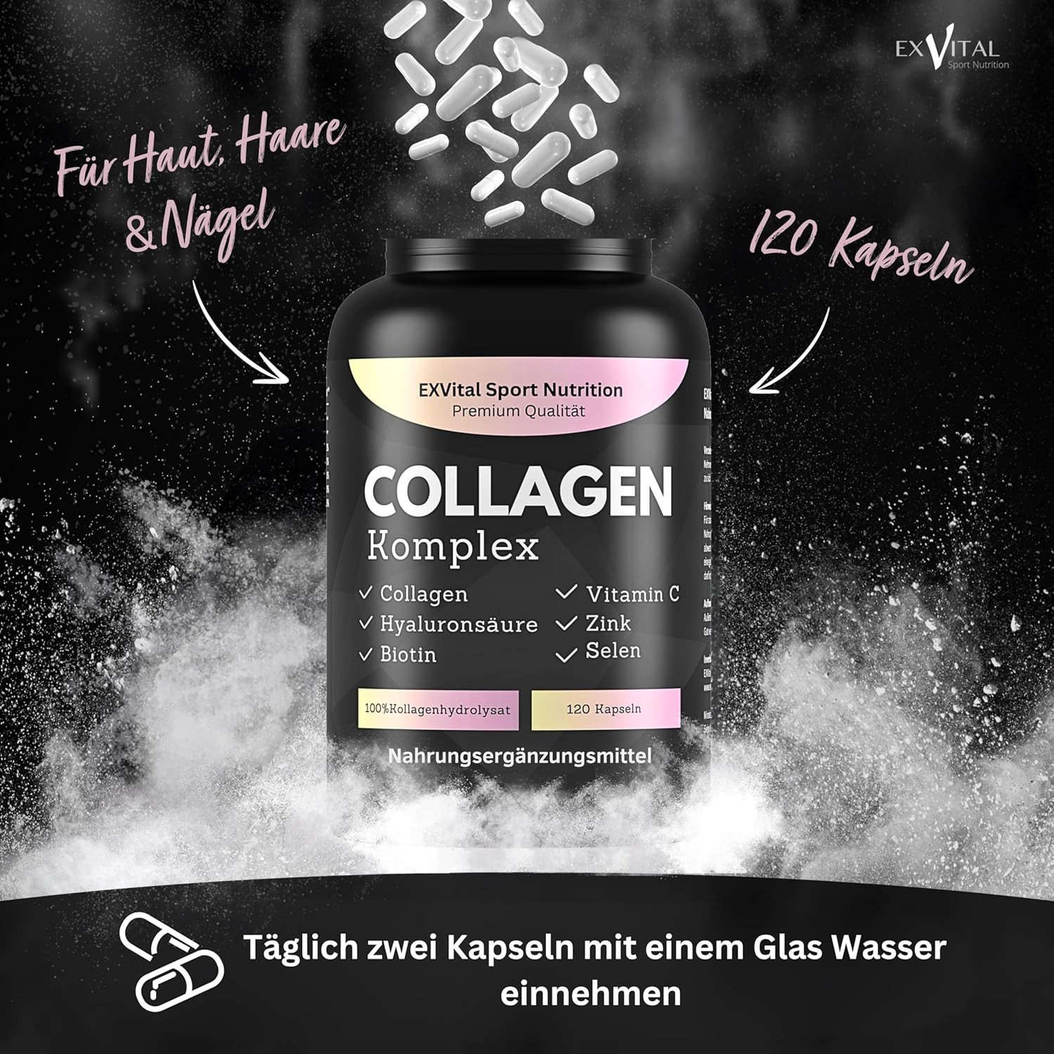 Collagen Hyaluronsäure Komplex mit Biotin, Vitamin C, B2, Zink & Selen Kapseln, 101 g