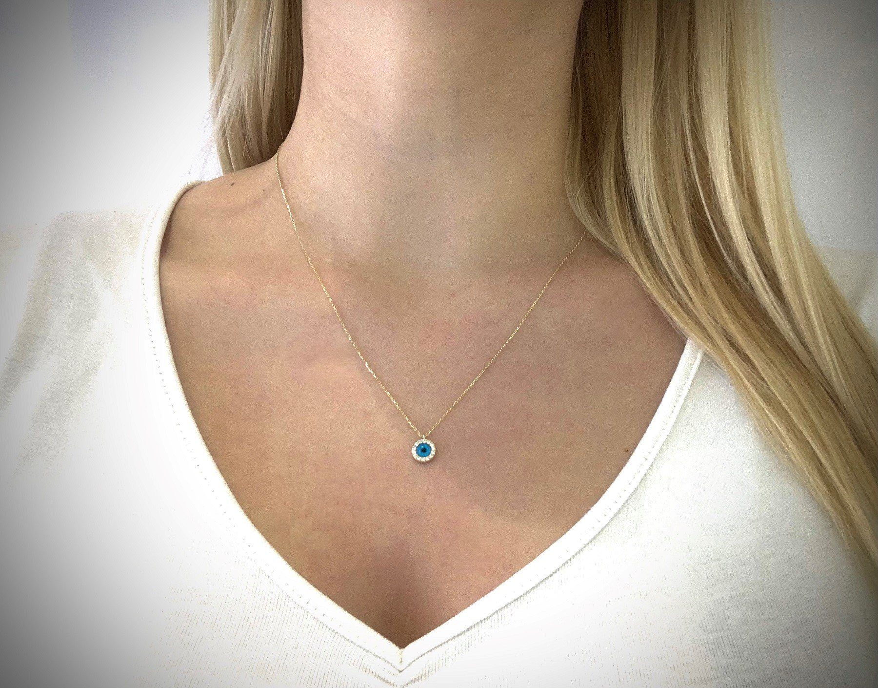 Stella-Jewellery Collier 585 Gelbgold Kette mit Zirk. Anhänger Glücksauge, Anhänger mit Zirkonia Glücksauge + Kette