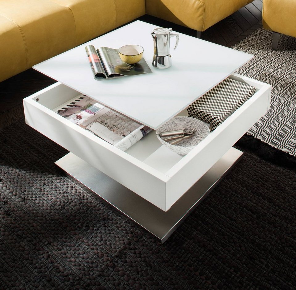 quadratisch, Couchtisch weiß lackiertem furniture Mariko MCA Stauraum, cm, Edelstahl), und Glas, 75x75 mm Lack stark mit (Wohnzimmertisch aus ca. Tischplatte 10