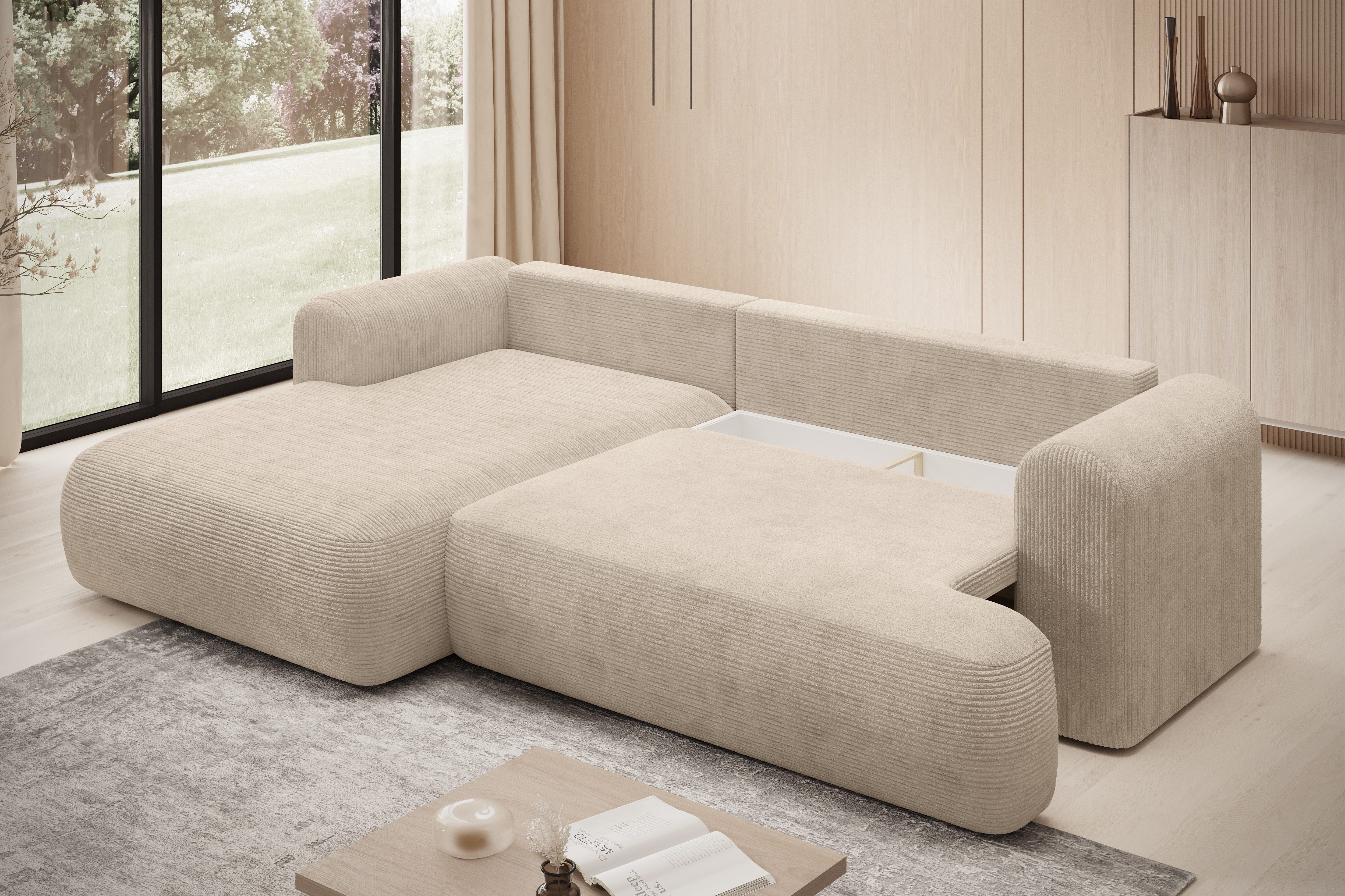 thematys Ecksofa mit Schlaffunktion und Bettkasten, L-Form, Cord und Bouclé + 2 Kissen, 260 x 165cm - Luxus Couch mit Bettfunktion mit Bonnellfedern