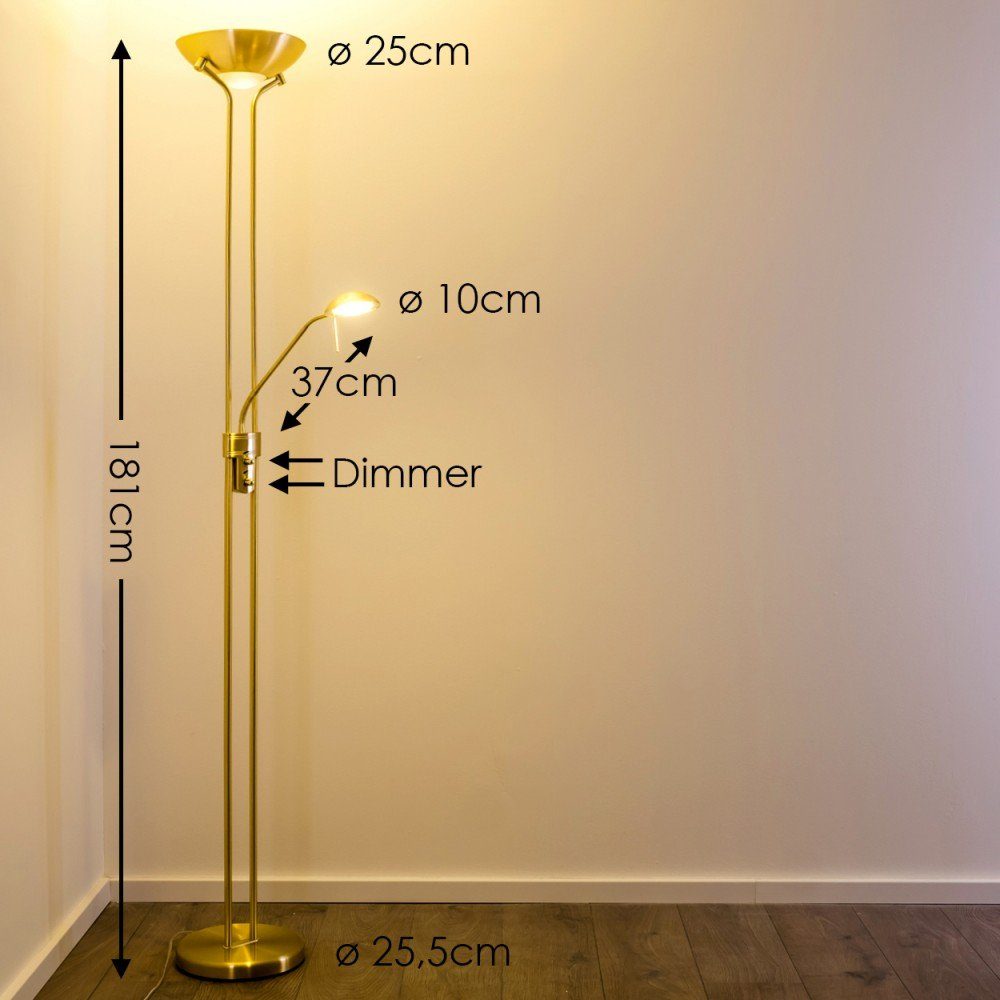 hofstein Deckenfluter »Roppa« Stehleuchte aus Metall in Messing, Drehdimmer am Gehäuse, 3000 Kelvin, 1x18 Watt, 1600 Lumen, 1x5 Watt, 480 Lumen, mit verstellbar – Bild 2 von 5
