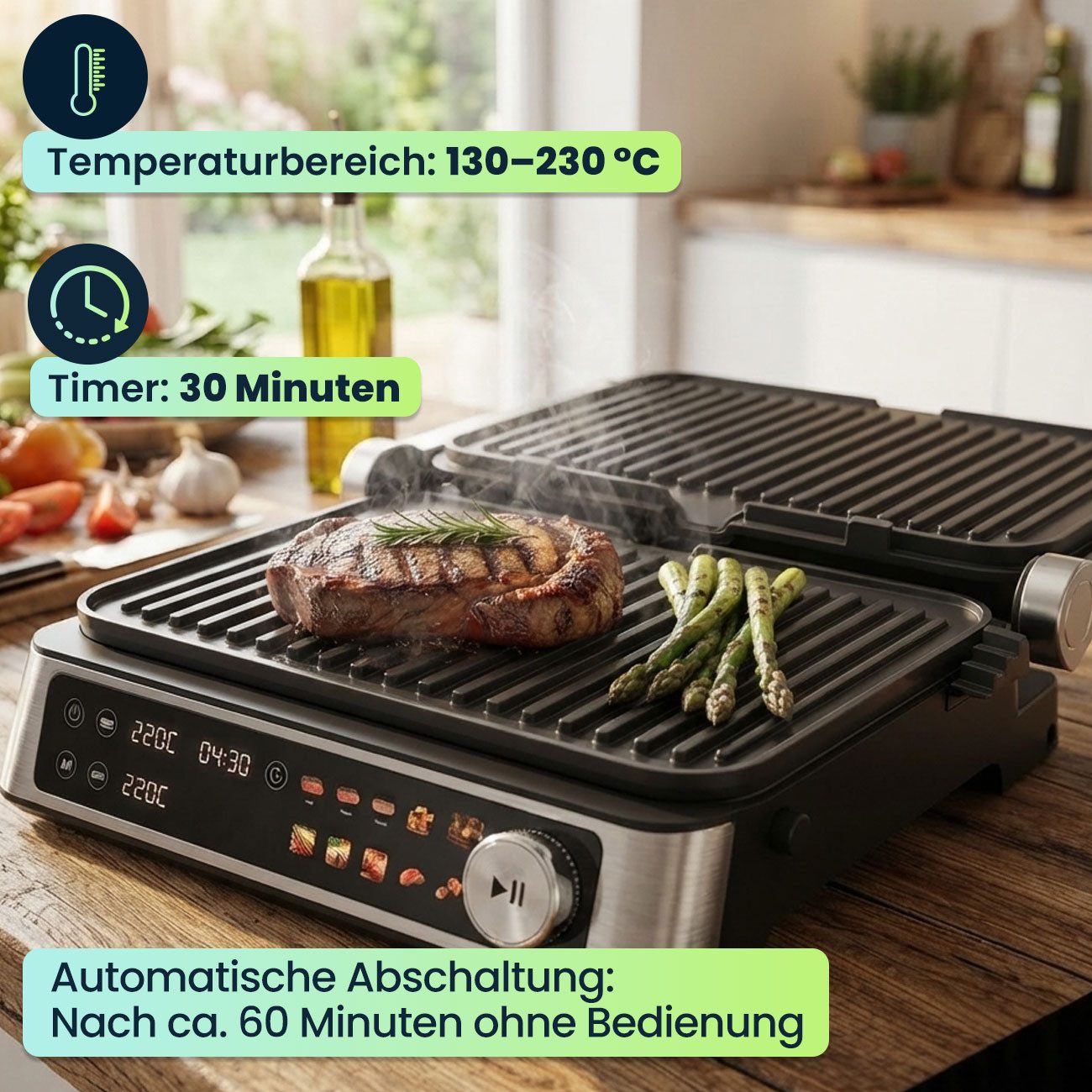 Casativo Kontaktgrill 2000W Kontaktgrill mit Farbdisplay & 2 Zonen, Tischgrill für Steak, 2000 W, Elektro-Kontaktgrill mit Farbdisplay, 2 getrennten Zonen, 180° Öffnung