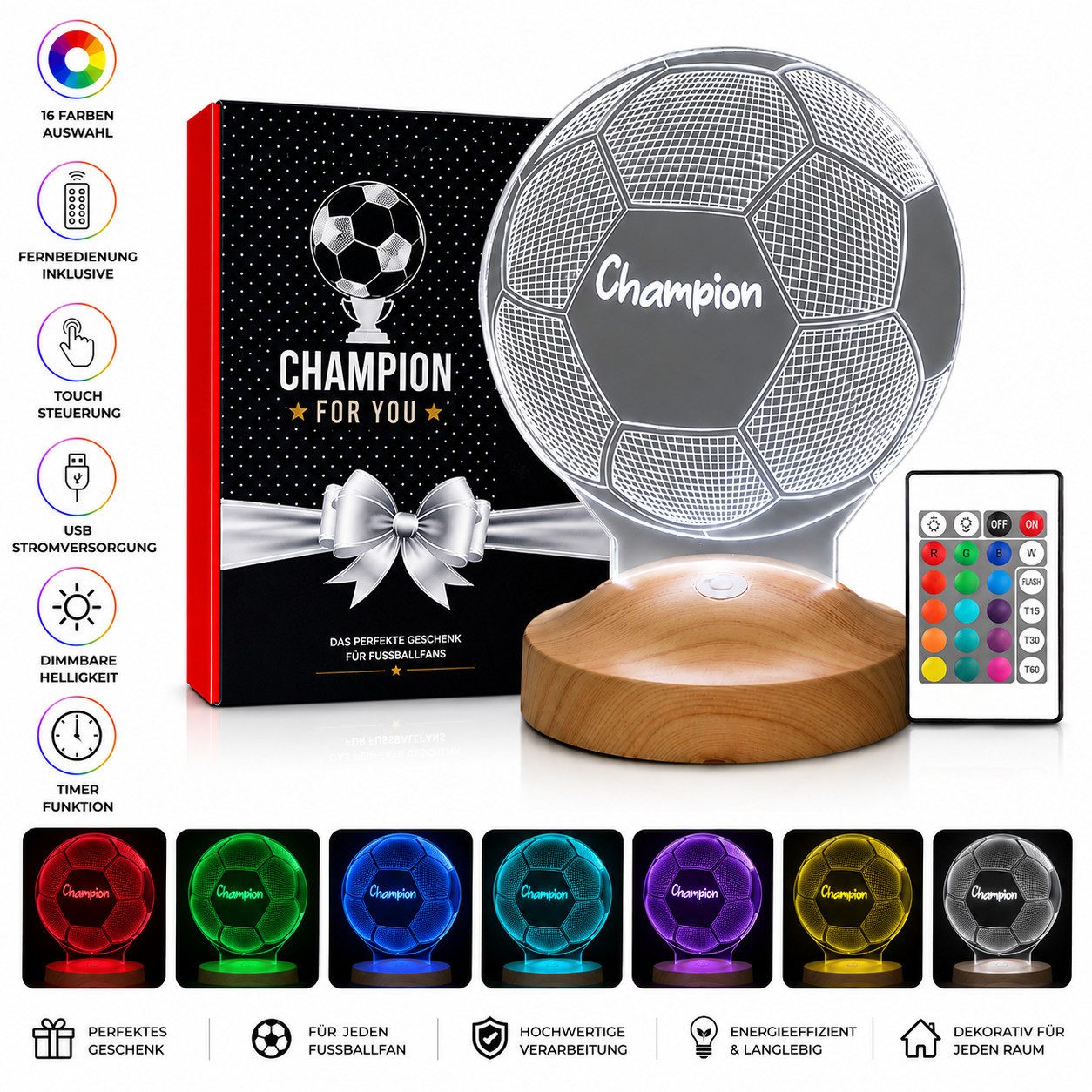 Geschenkelampe LED Nachttischlampe Fußball 3D Nachtlicht Geburtstagsgeschenk für Fussball Fans, Leuchte 7 Farben fest integriert, Tageslichtweiß, Fußballspieler, Fußball Lampe, Fußball-Weltmeisterschaft 2026