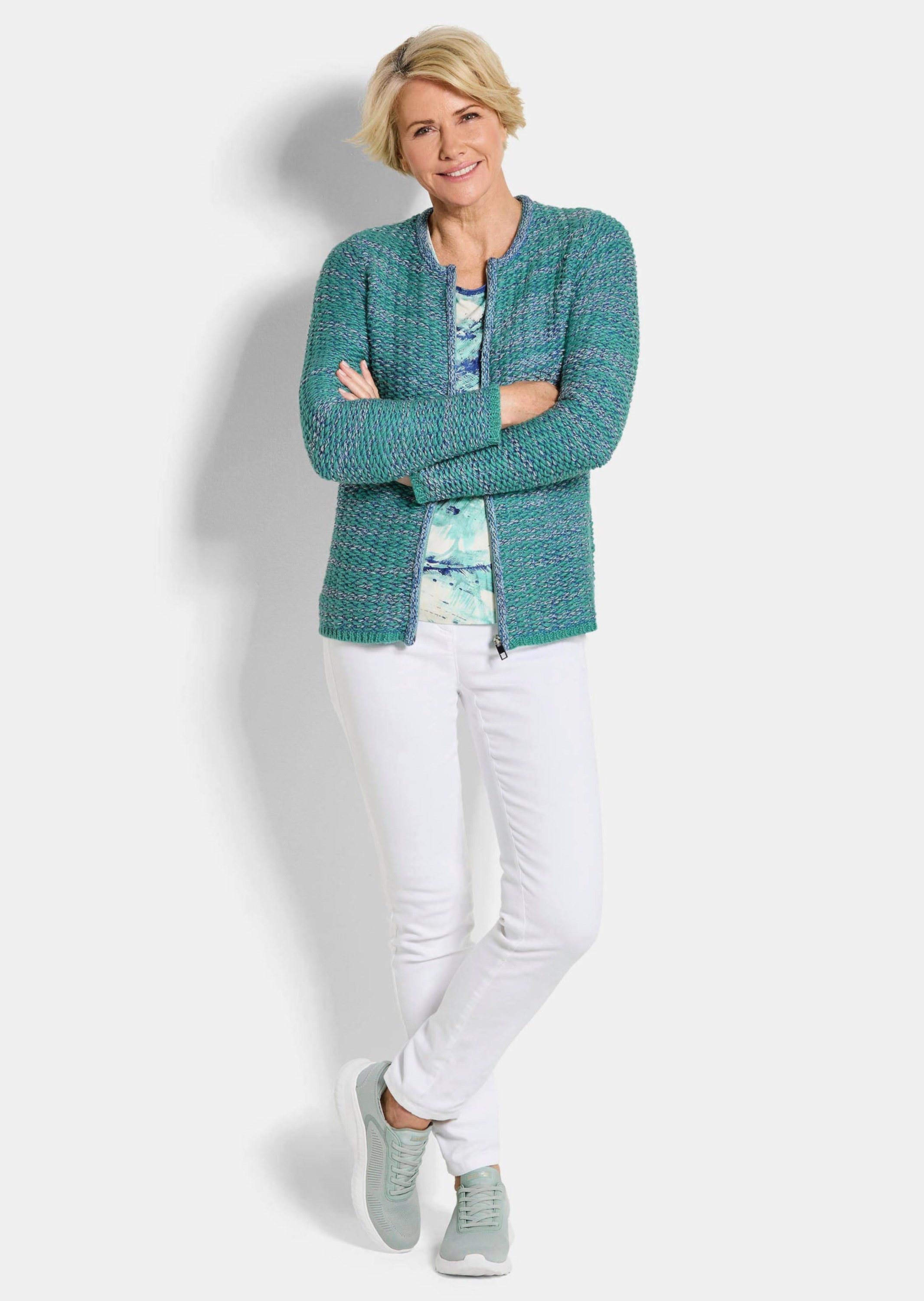 GOLDNER Strickjacke Strukturjacke mit Rollband Freizeitjacke mit Rundhals, Reißverschluss, Rippenbündchen und Langarm