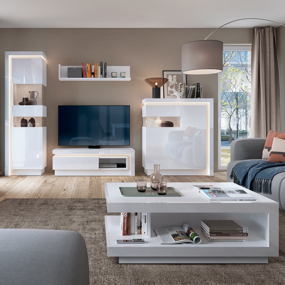 Lomadox Wohnzimmer-Set LYNDHURST-129, (Mega-Spar-Set, 5-St., 5-tlg), mit Couchtisch in weiß Hochglanz, inkl. indirekter Beleuchtung
