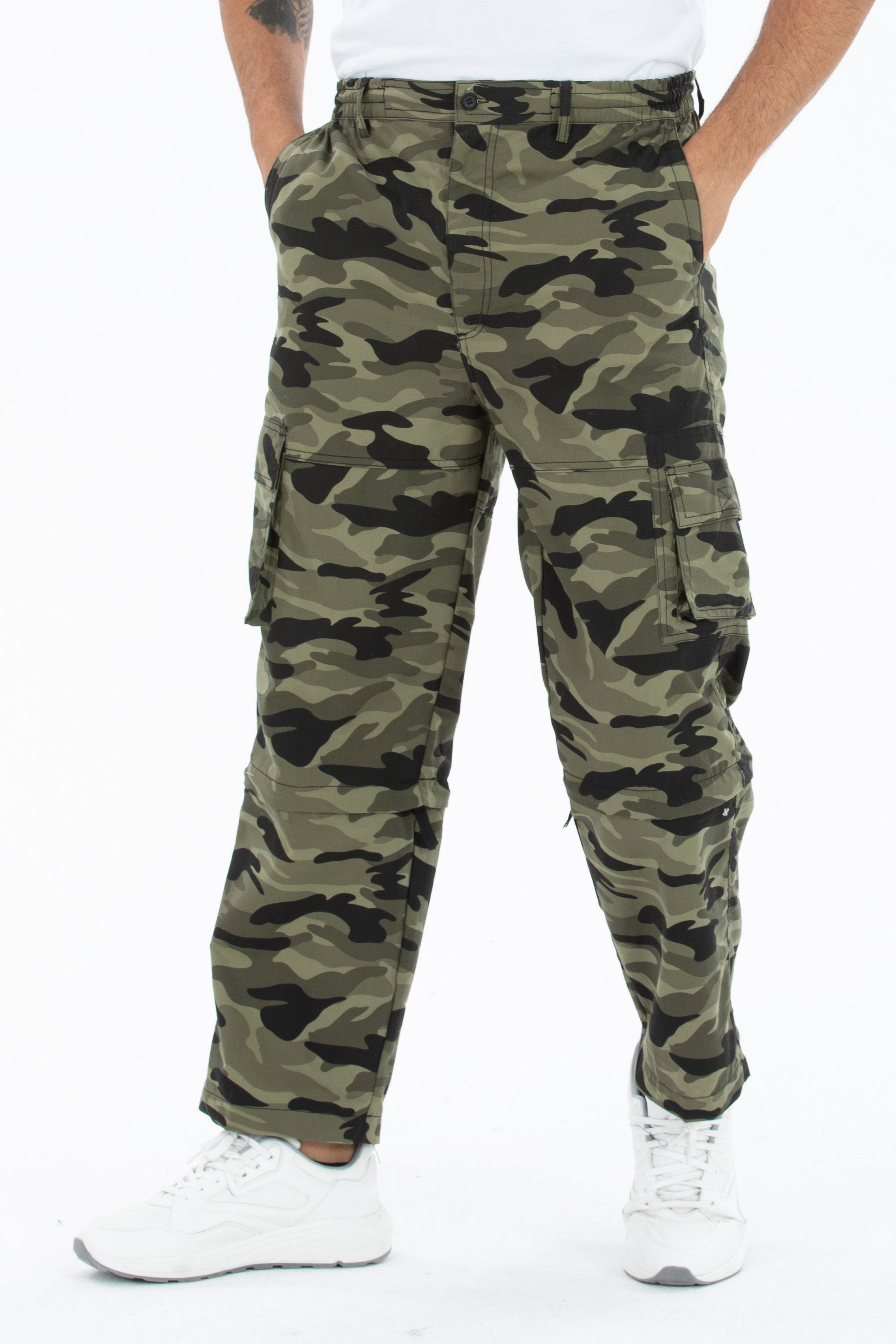 Kendindza Dehnbund Bundeswehr Cargohose Hose Gummibund, elastischer Cargo Cargohose Bundhose Off Grün Camouflage Zipp Collection Arbeitshose Feldhose Tarnhose,