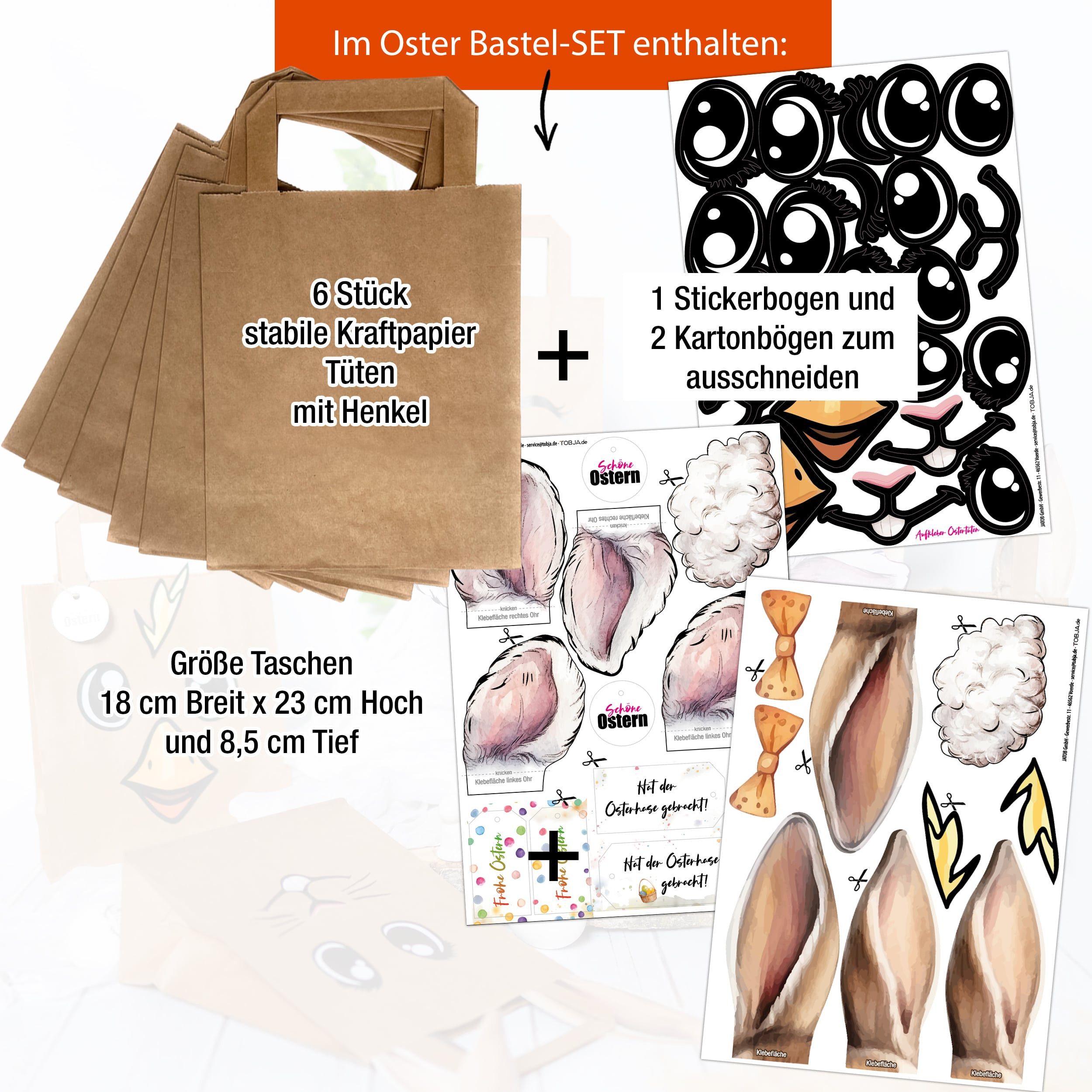 TOBJA Osternest Ostertaschen DIY Set – 6 große Kraftpapier-Tüten mit süßen Tiermotiven, Bastelset Kinder Ostern Hase