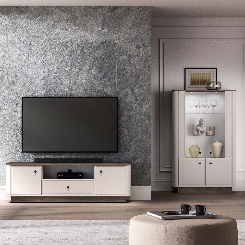 Lomadox Wohnzimmer-Set VEJANO-131, (Mega-Spar-Set, 2-St., Highboard Lowboard), Wohnwand Beige mit Eiche modern abgerundet Softclose LED Beleuchtung