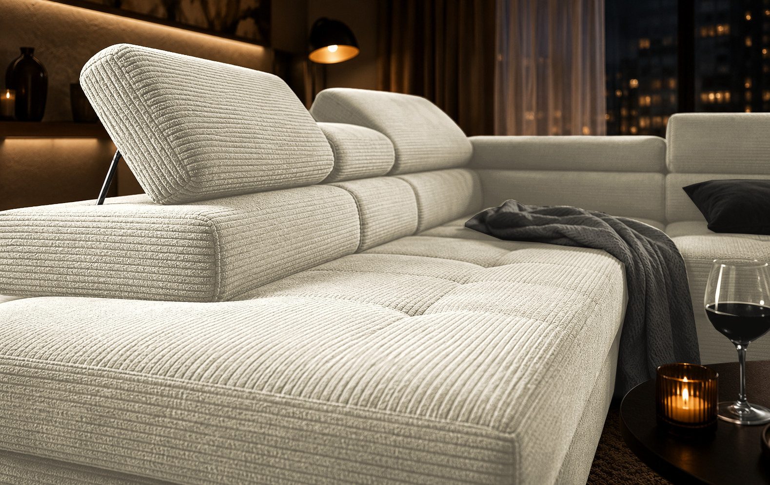 Goldstoff Ecksofa mit Schlaffunktion, Cord Couch für Wohnzimmer - Cord Ecksofa, Cord Sofa VOYAGE 2 Teile, Großer Bettkasten