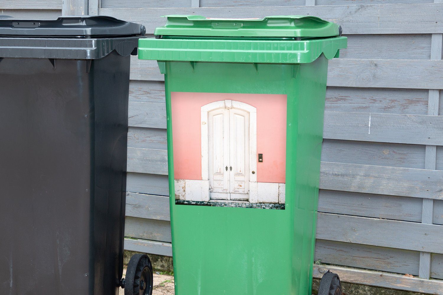 MuchoWow Abfalbehälter Tür Wandsticker Mülltonne, Rosa Weiß - Sticker, - - Holz (1 Mülleimer-aufkleber, St), Container,