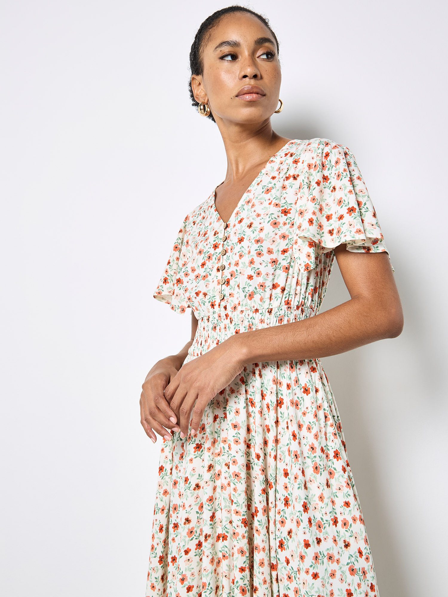 Apricot Midikleid Midi-Kleid mit zierlichem Blumenmuster